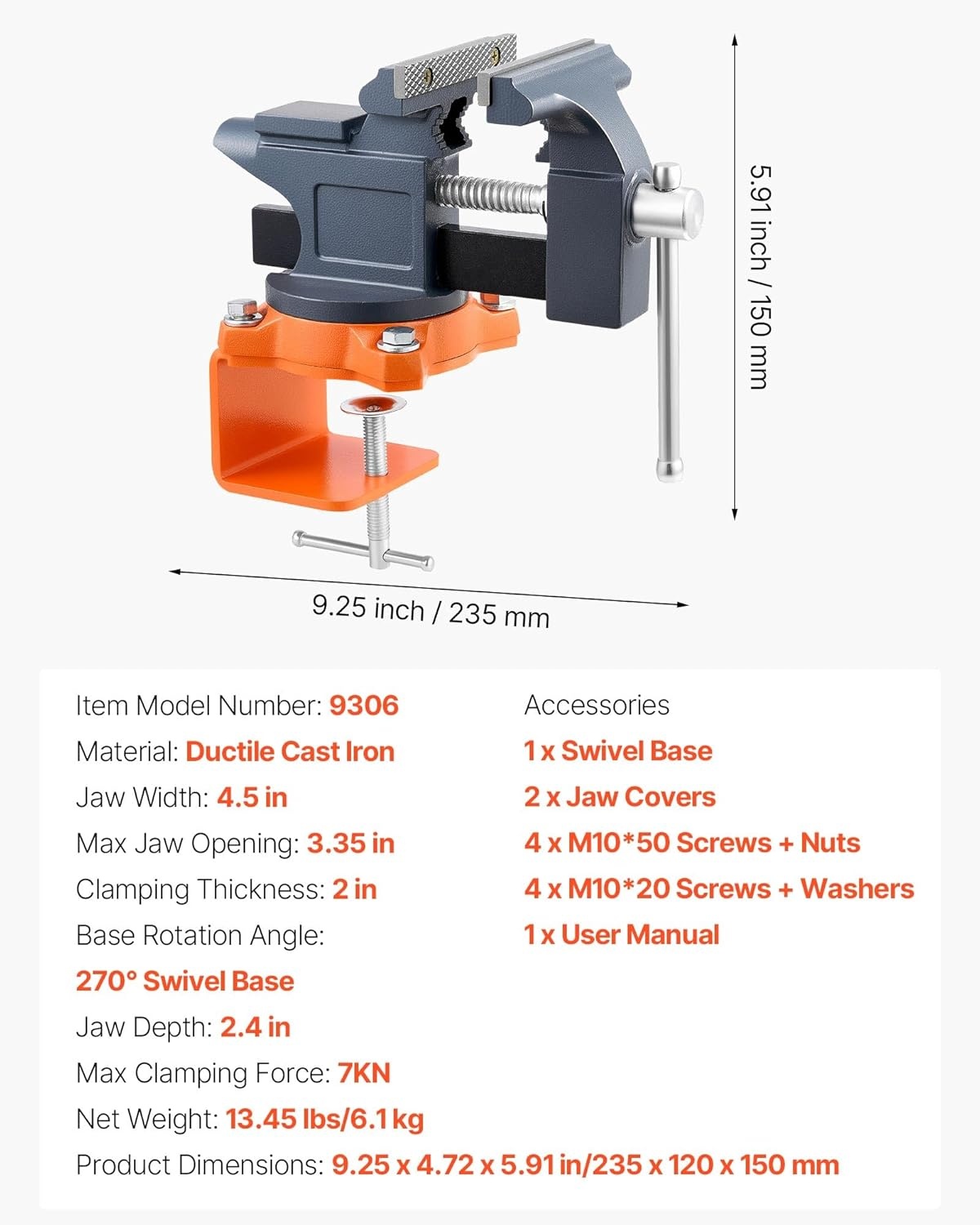 image:imageVEVOR Bench Vise 3 Inch Portable Workbench Vice with 360 Swivel Base Quick Release Rotating Bench Clamp Raised Base Cast Iron Construction for Woodworking Metalworking Drilling and Cutting45inch