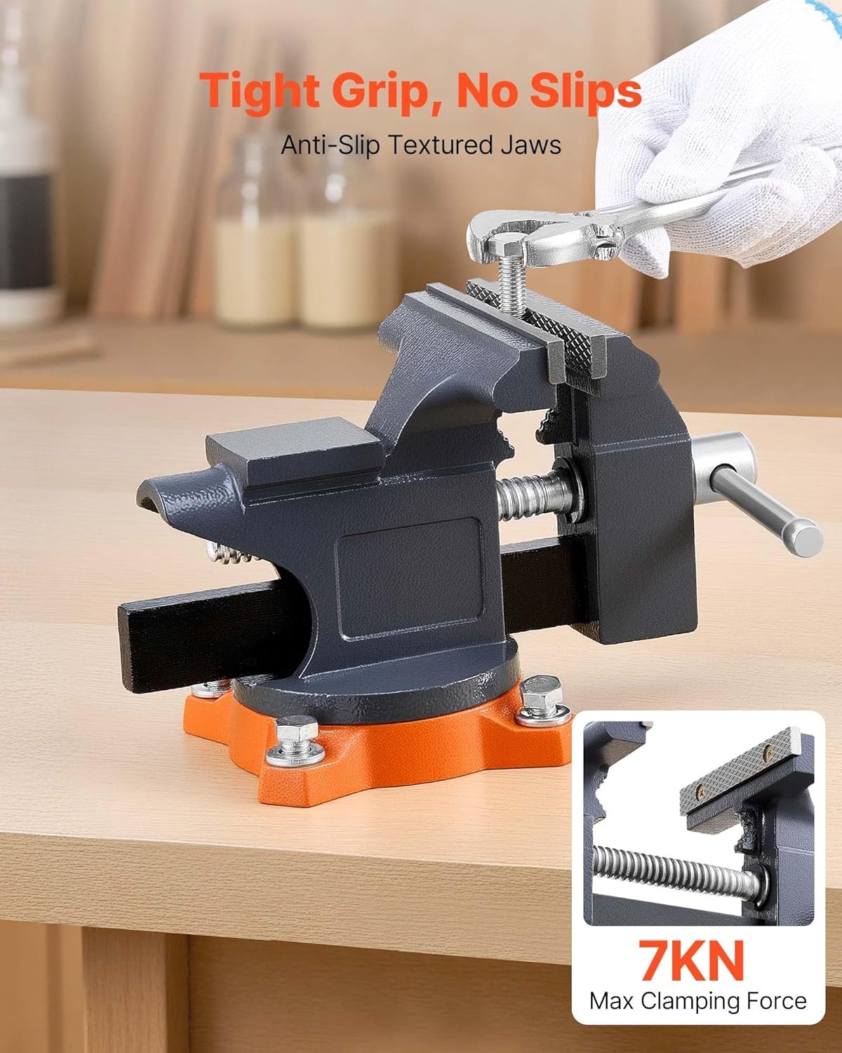 image:imageVEVOR Bench Vise 3 Inch Portable Workbench Vice with 360 Swivel Base Quick Release Rotating Bench Clamp Raised Base Cast Iron Construction for Woodworking Metalworking Drilling and Cutting45inch
