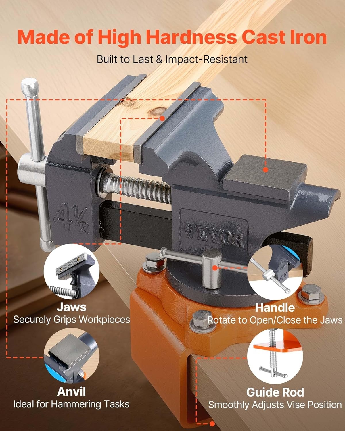 image:imageVEVOR Bench Vise 3 Inch Portable Workbench Vice with 360 Swivel Base Quick Release Rotating Bench Clamp Raised Base Cast Iron Construction for Woodworking Metalworking Drilling and Cutting45inch