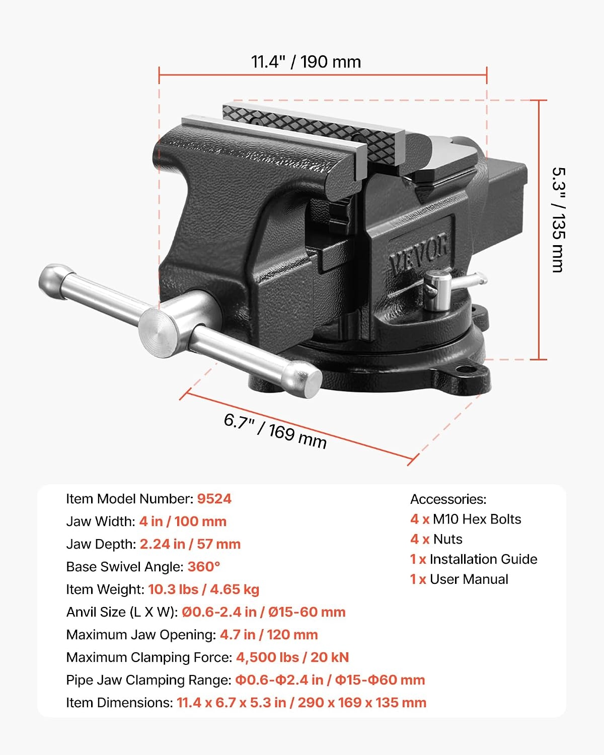image:imageVEVOR Bench Vise 45inch Jaw Width 33inch Jaw Opening 240Degree Swivel Locking Base Multipurpose Vise wAnvil Heavy Duty Cast Iron Workbench Vise wBolts amp Nuts for Drilling Pipe Cutting for Drilling Grinding Cutting with Large Anvil Area Multipurpose Workbench Vise Heavy Duty Cast Iron with Bolts amp Nuts4inch