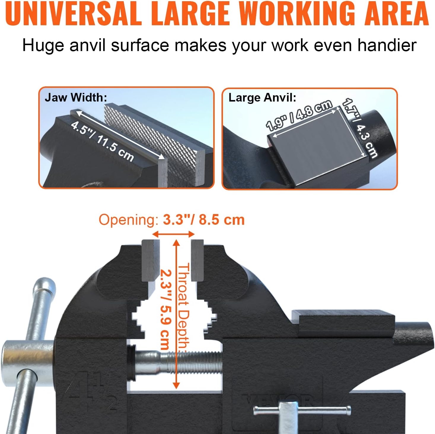 image:imageVEVOR Bench Vise 45inch Jaw Width 33inch Jaw Opening 240Degree Swivel Locking Base Multipurpose Vise wAnvil Heavy Duty Cast Iron Workbench Vise wBolts amp Nuts for Drilling Pipe Cutting for Drilling Grinding Cutting with Large Anvil Area Multipurpose Workbench Vise Heavy Duty Cast Iron with Bolts amp Nuts45 Inch