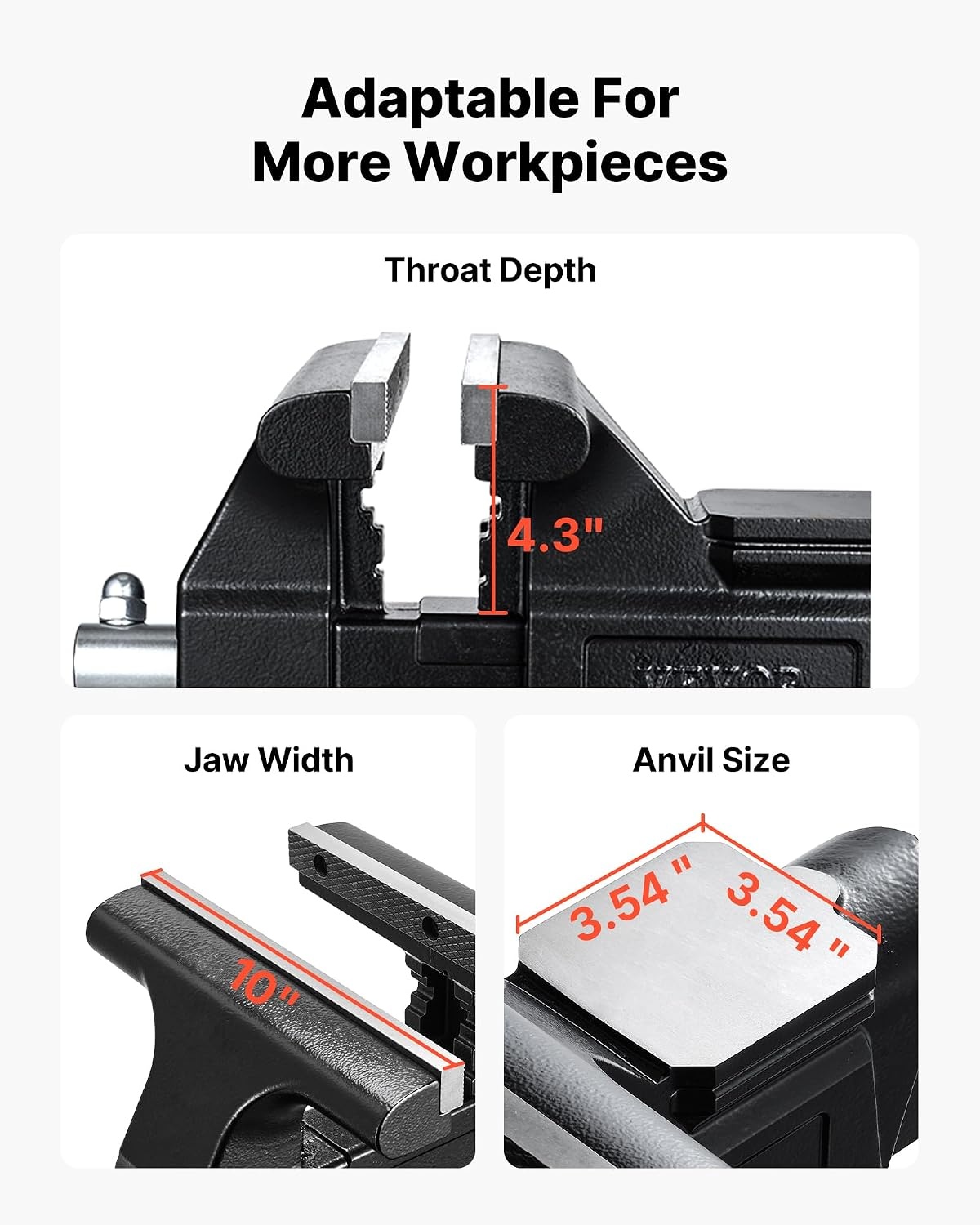 image:imageVEVOR Bench Vise 45inch Jaw Width 33inch Jaw Opening 240Degree Swivel Locking Base Multipurpose Vise wAnvil Heavy Duty Cast Iron Workbench Vise wBolts amp Nuts for Drilling Pipe Cutting for Drilling Grinding Cutting with Large Anvil Area Multipurpose Workbench Vise Heavy Duty Cast Iron with Bolts amp Nuts10inch