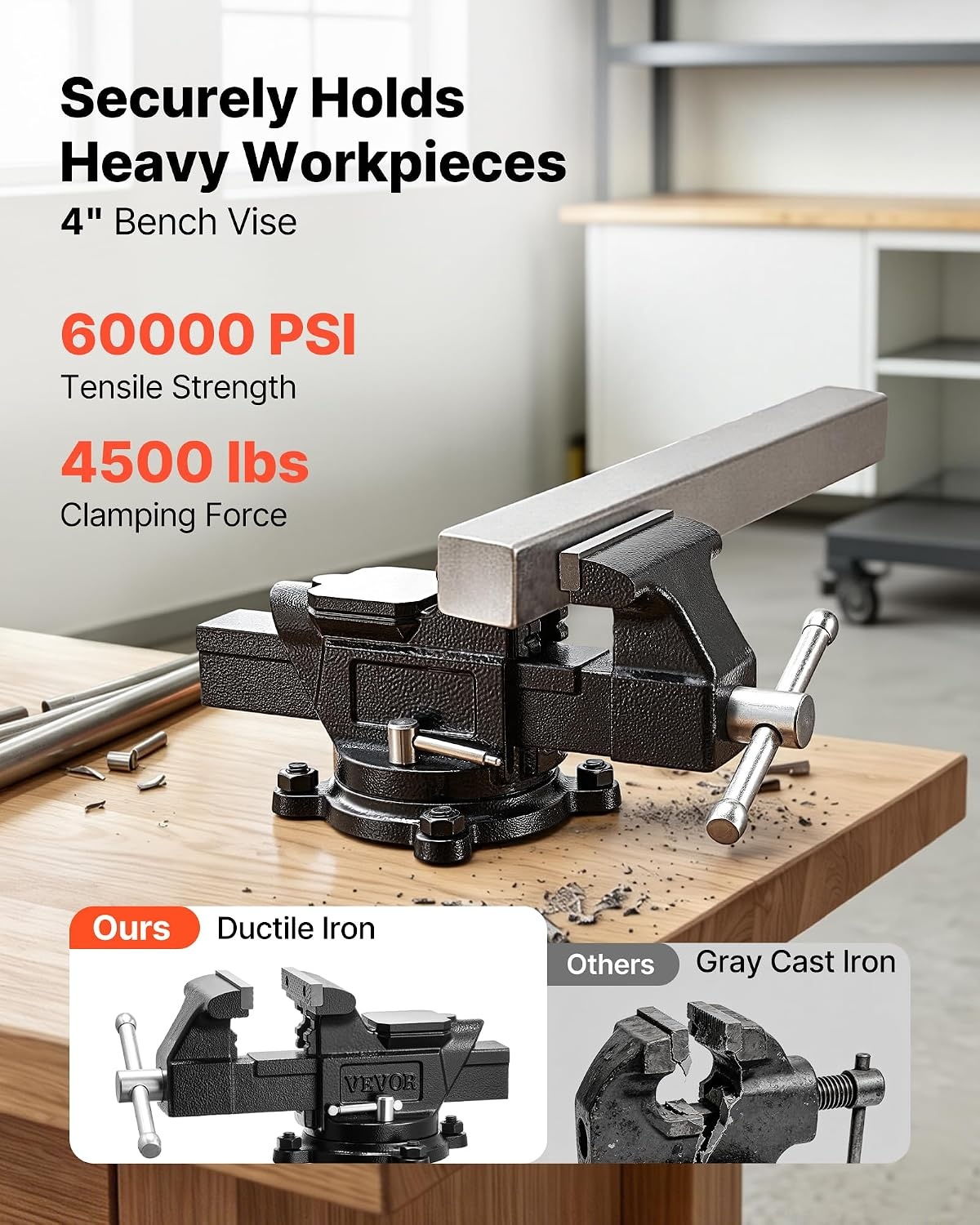 image:imageVEVOR Bench Vise 45inch Jaw Width 33inch Jaw Opening 240Degree Swivel Locking Base Multipurpose Vise wAnvil Heavy Duty Cast Iron Workbench Vise wBolts amp Nuts for Drilling Pipe Cutting for Drilling Grinding Cutting with Large Anvil Area Multipurpose Workbench Vise Heavy Duty Cast Iron with Bolts amp Nuts4inch