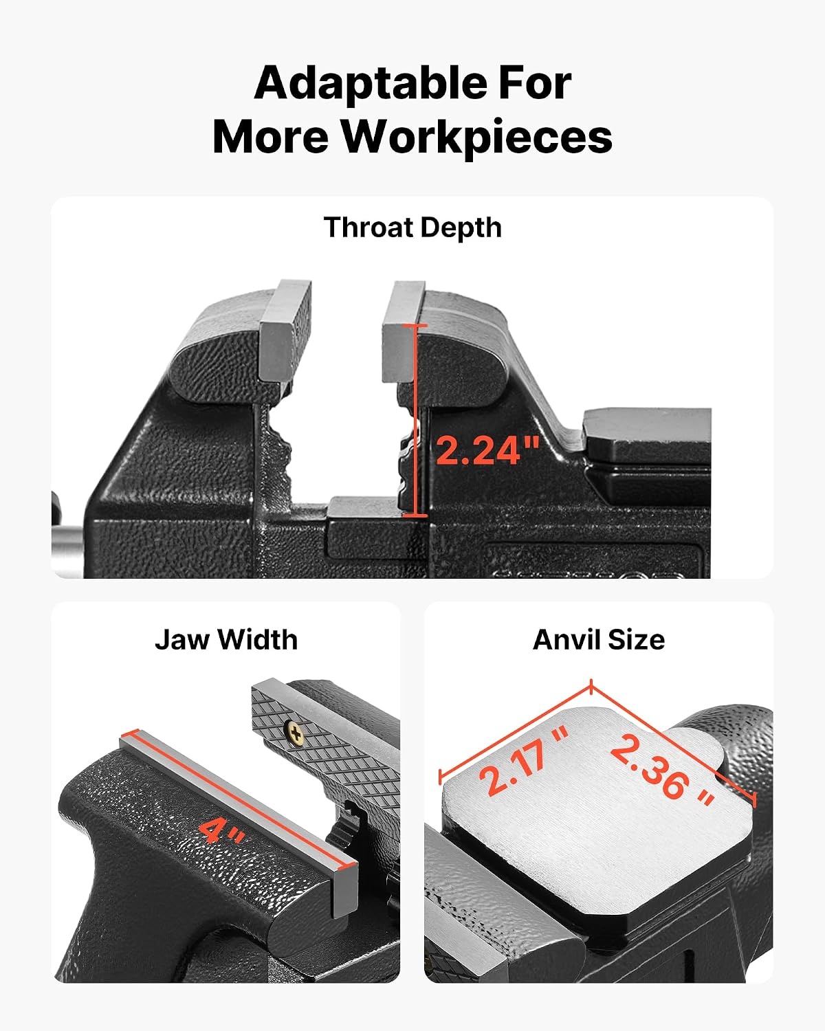 image:imageVEVOR Bench Vise 45inch Jaw Width 33inch Jaw Opening 240Degree Swivel Locking Base Multipurpose Vise wAnvil Heavy Duty Cast Iron Workbench Vise wBolts amp Nuts for Drilling Pipe Cutting for Drilling Grinding Cutting with Large Anvil Area Multipurpose Workbench Vise Heavy Duty Cast Iron with Bolts amp Nuts4inch