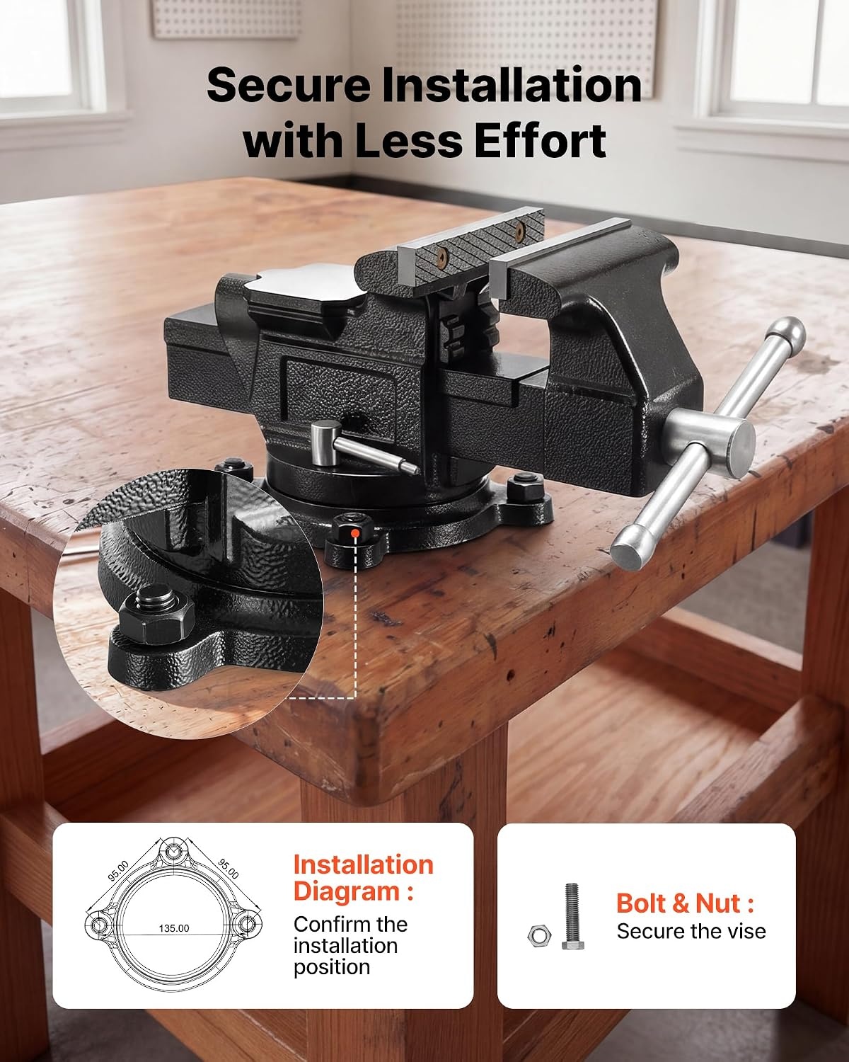 image:imageVEVOR Bench Vise 45inch Jaw Width 33inch Jaw Opening 240Degree Swivel Locking Base Multipurpose Vise wAnvil Heavy Duty Cast Iron Workbench Vise wBolts amp Nuts for Drilling Pipe Cutting for Drilling Grinding Cutting with Large Anvil Area Multipurpose Workbench Vise Heavy Duty Cast Iron with Bolts amp Nuts4inch