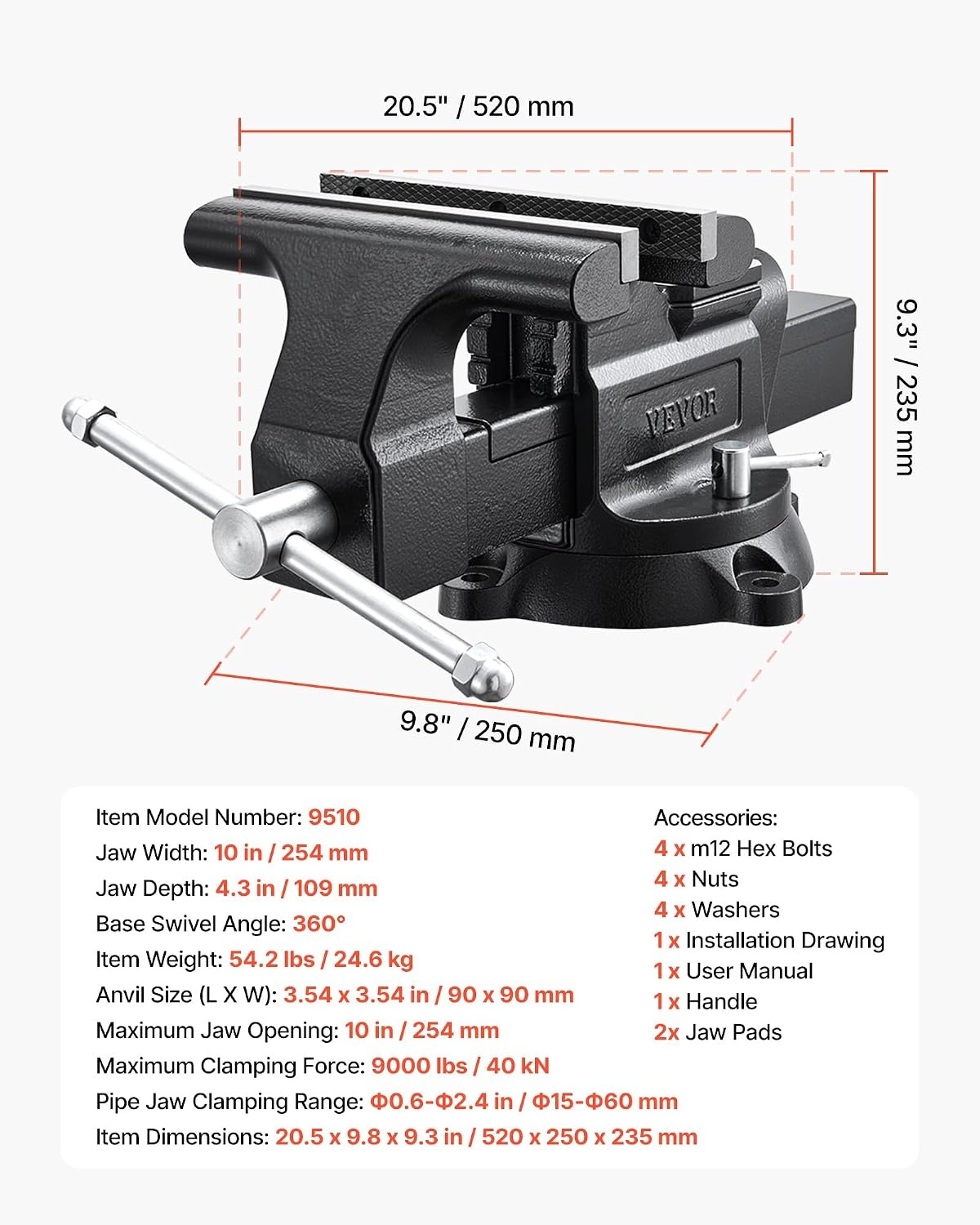 image:imageVEVOR Bench Vise 45inch Jaw Width 33inch Jaw Opening 240Degree Swivel Locking Base Multipurpose Vise wAnvil Heavy Duty Cast Iron Workbench Vise wBolts amp Nuts for Drilling Pipe Cutting for Drilling Grinding Cutting with Large Anvil Area Multipurpose Workbench Vise Heavy Duty Cast Iron with Bolts amp Nuts10inch
