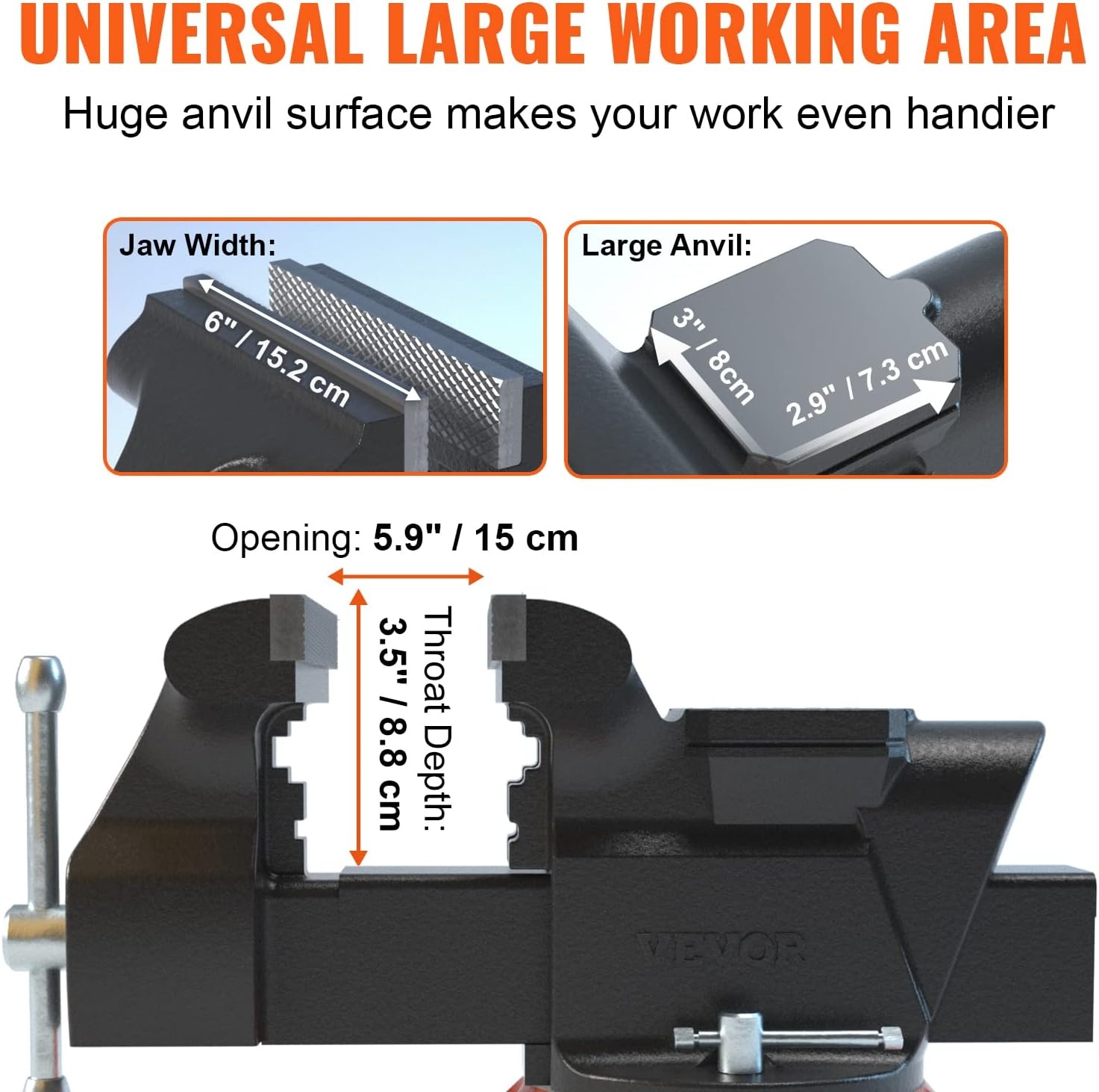 image:imageVEVOR Bench Vise 45inch Jaw Width 33inch Jaw Opening 240Degree Swivel Locking Base Multipurpose Vise wAnvil Heavy Duty Cast Iron Workbench Vise wBolts amp Nuts for Drilling Pipe Cutting for Drilling Grinding Cutting with Large Anvil Area Multipurpose Workbench Vise Heavy Duty Cast Iron with Bolts amp Nuts6inch