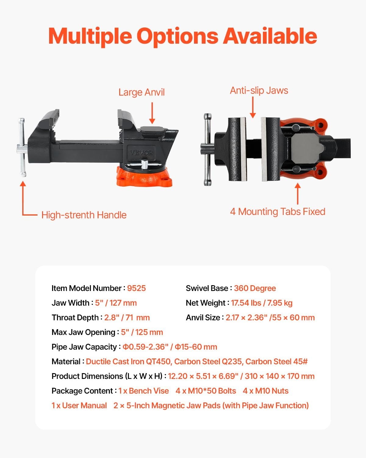 image:imageVEVOR Bench Vise 45inch Jaw Width 33inch Jaw Opening 240Degree Swivel Locking Base Multipurpose Vise wAnvil Heavy Duty Cast Iron Workbench Vise wBolts amp Nuts for Drilling Pipe Cutting for Drilling Grinding Cutting with Large Anvil Area Multipurpose Workbench Vise Heavy Duty Cast Iron with Bolts amp Nuts5inch