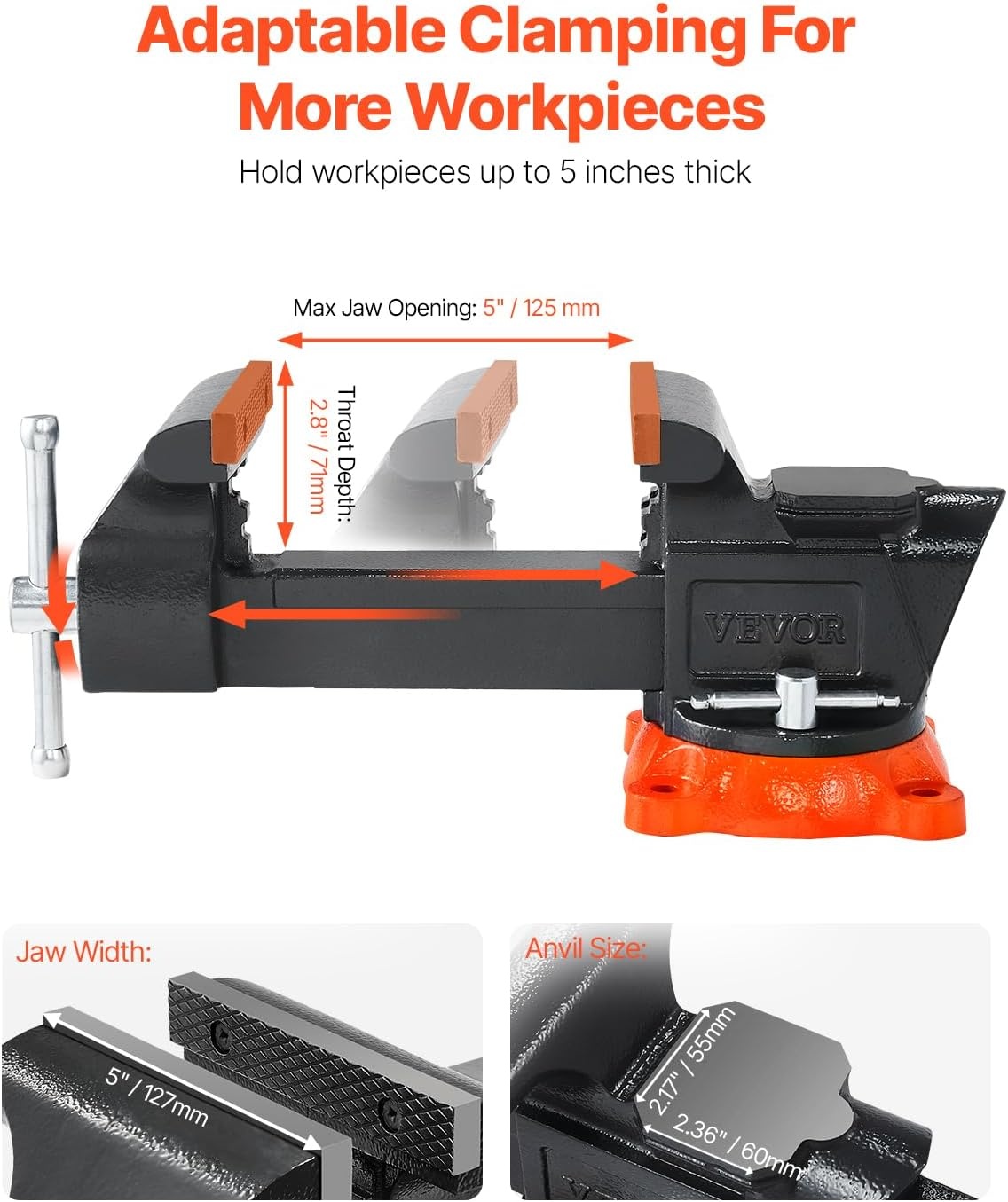 image:imageVEVOR Bench Vise 45inch Jaw Width 33inch Jaw Opening 240Degree Swivel Locking Base Multipurpose Vise wAnvil Heavy Duty Cast Iron Workbench Vise wBolts amp Nuts for Drilling Pipe Cutting for Drilling Grinding Cutting with Large Anvil Area Multipurpose Workbench Vise Heavy Duty Cast Iron with Bolts amp Nuts5inch