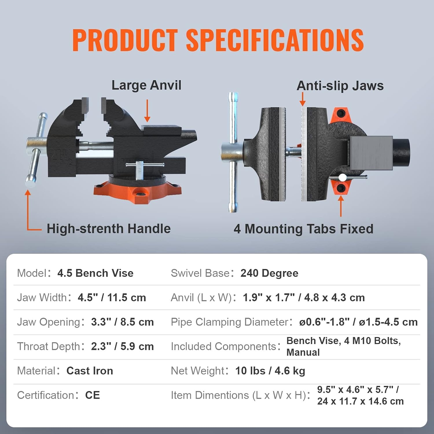 image:imageVEVOR Bench Vise 45inch Jaw Width 33inch Jaw Opening 240Degree Swivel Locking Base Multipurpose Vise wAnvil Heavy Duty Cast Iron Workbench Vise wBolts amp Nuts for Drilling Pipe Cutting for Drilling Grinding Cutting with Large Anvil Area Multipurpose Workbench Vise Heavy Duty Cast Iron with Bolts amp Nuts45 Inch