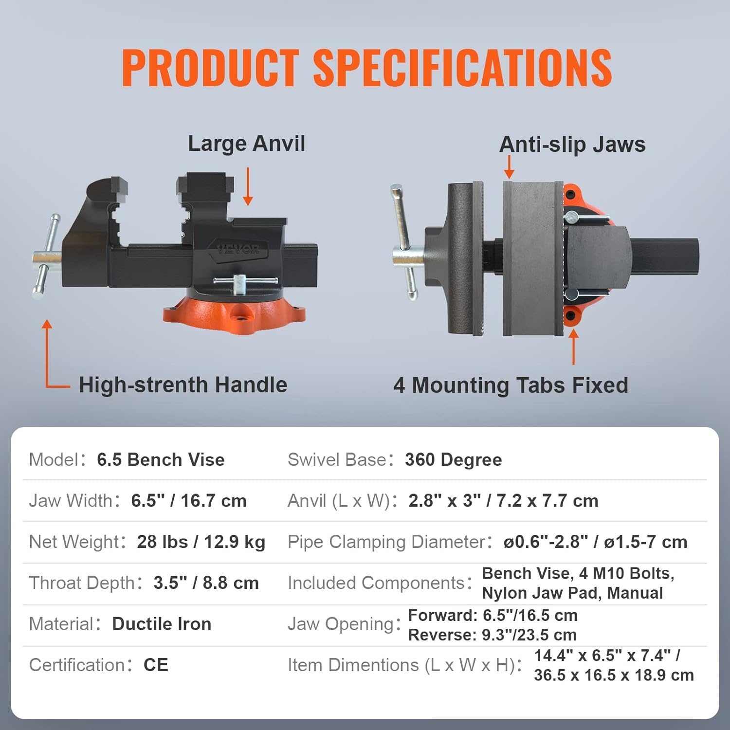 image:imageVEVOR Bench Vise 55 Jaw Width 55 Max Jaw Opening Multipurpose Vise with 360 Swivel Locking Base 28 Throat Depth Heavy Duty Ductile Iron Workbench Vise TwoWay Jaws for Clamping Round Pipes65 Inch