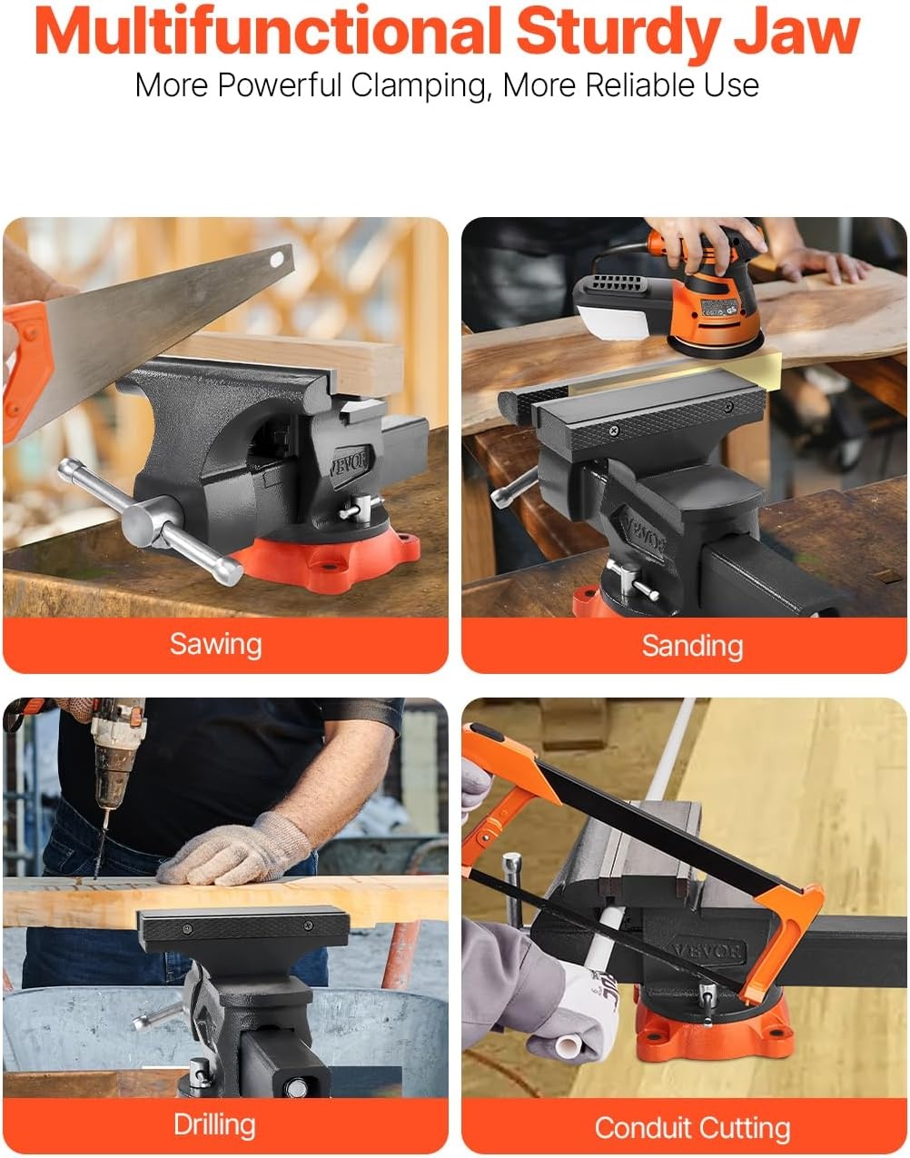 image:imageVEVOR Bench Vise 55 Jaw Width 55 Max Jaw Opening Multipurpose Vise with 360 Swivel Locking Base 28 Throat Depth Heavy Duty Ductile Iron Workbench Vise TwoWay Jaws for Clamping Round Pipes8inch