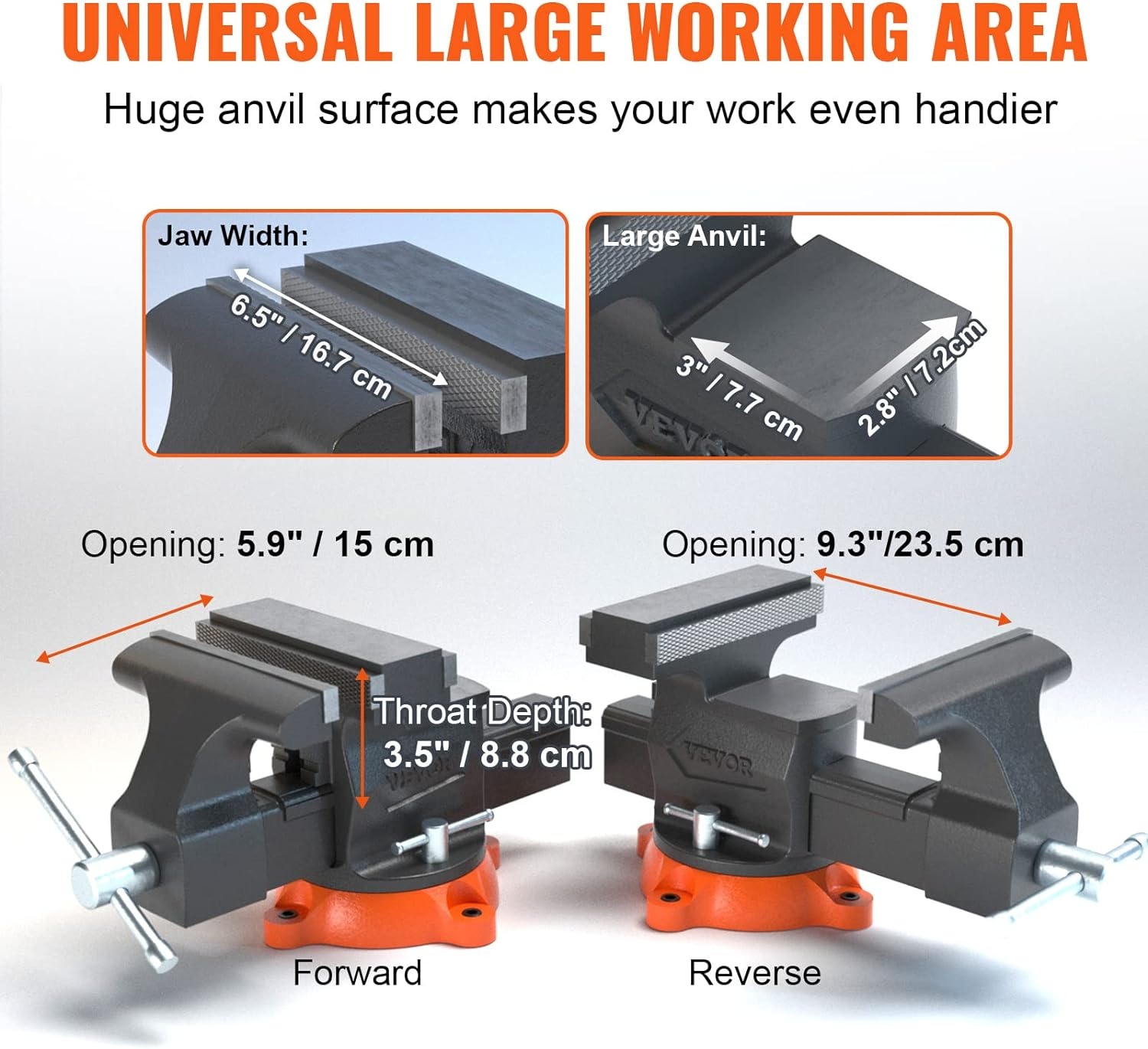 image:imageVEVOR Bench Vise 55 Jaw Width 55 Max Jaw Opening Multipurpose Vise with 360 Swivel Locking Base 28 Throat Depth Heavy Duty Ductile Iron Workbench Vise TwoWay Jaws for Clamping Round Pipes65 Inch