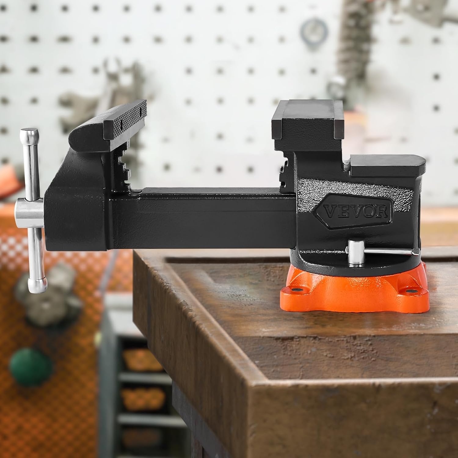 image:imageVEVOR Bench Vise 55 Jaw Width 55 Max Jaw Opening Multipurpose Vise with 360 Swivel Locking Base 28 Throat Depth Heavy Duty Ductile Iron Workbench Vise TwoWay Jaws for Clamping Round Pipes8inch