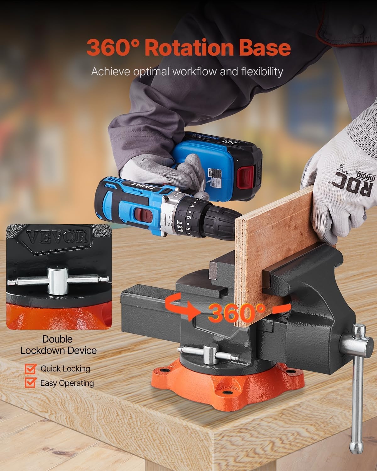 image:imageVEVOR Bench Vise 55 Jaw Width 55 Max Jaw Opening Multipurpose Vise with 360 Swivel Locking Base 28 Throat Depth Heavy Duty Ductile Iron Workbench Vise TwoWay Jaws for Clamping Round Pipes55inch