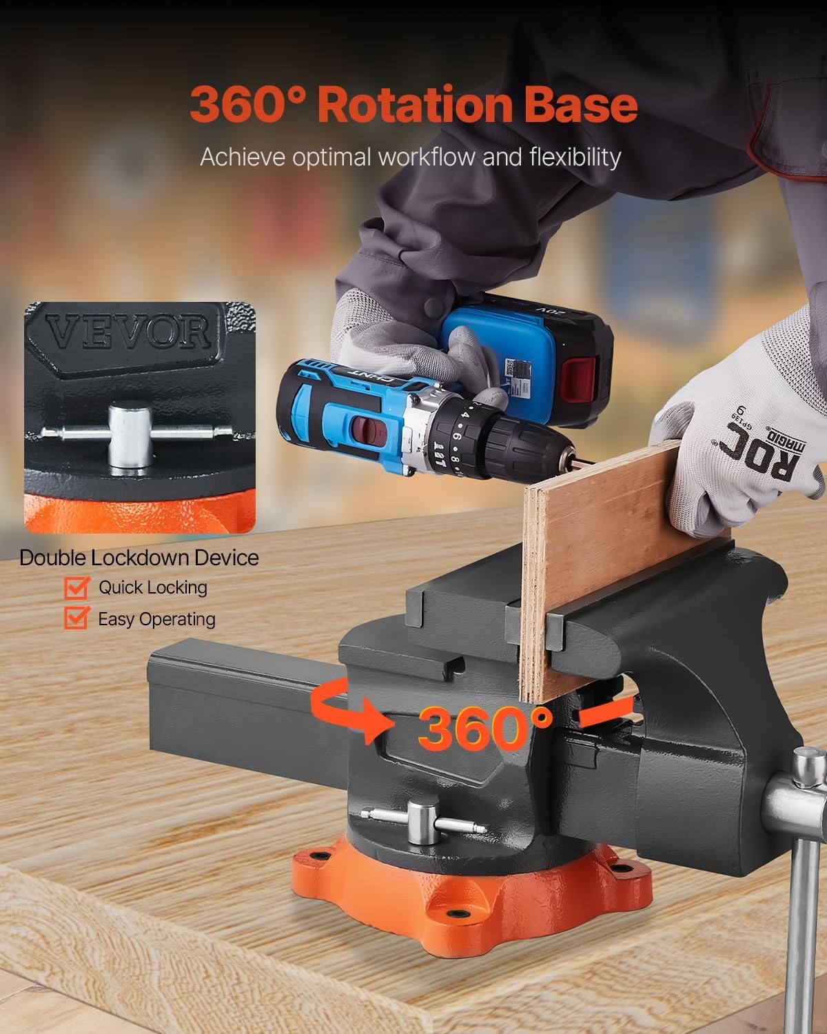 image:imageVEVOR Bench Vise 55 Jaw Width 55 Max Jaw Opening Multipurpose Vise with 360 Swivel Locking Base 28 Throat Depth Heavy Duty Ductile Iron Workbench Vise TwoWay Jaws for Clamping Round Pipes8inch