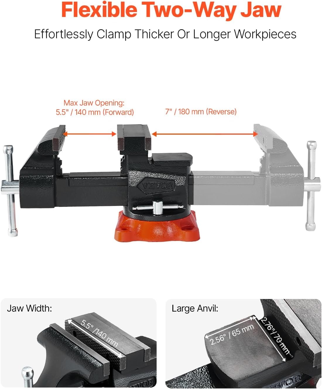 image:imageVEVOR Bench Vise 55 Jaw Width 55 Max Jaw Opening Multipurpose Vise with 360 Swivel Locking Base 28 Throat Depth Heavy Duty Ductile Iron Workbench Vise TwoWay Jaws for Clamping Round Pipes55inch