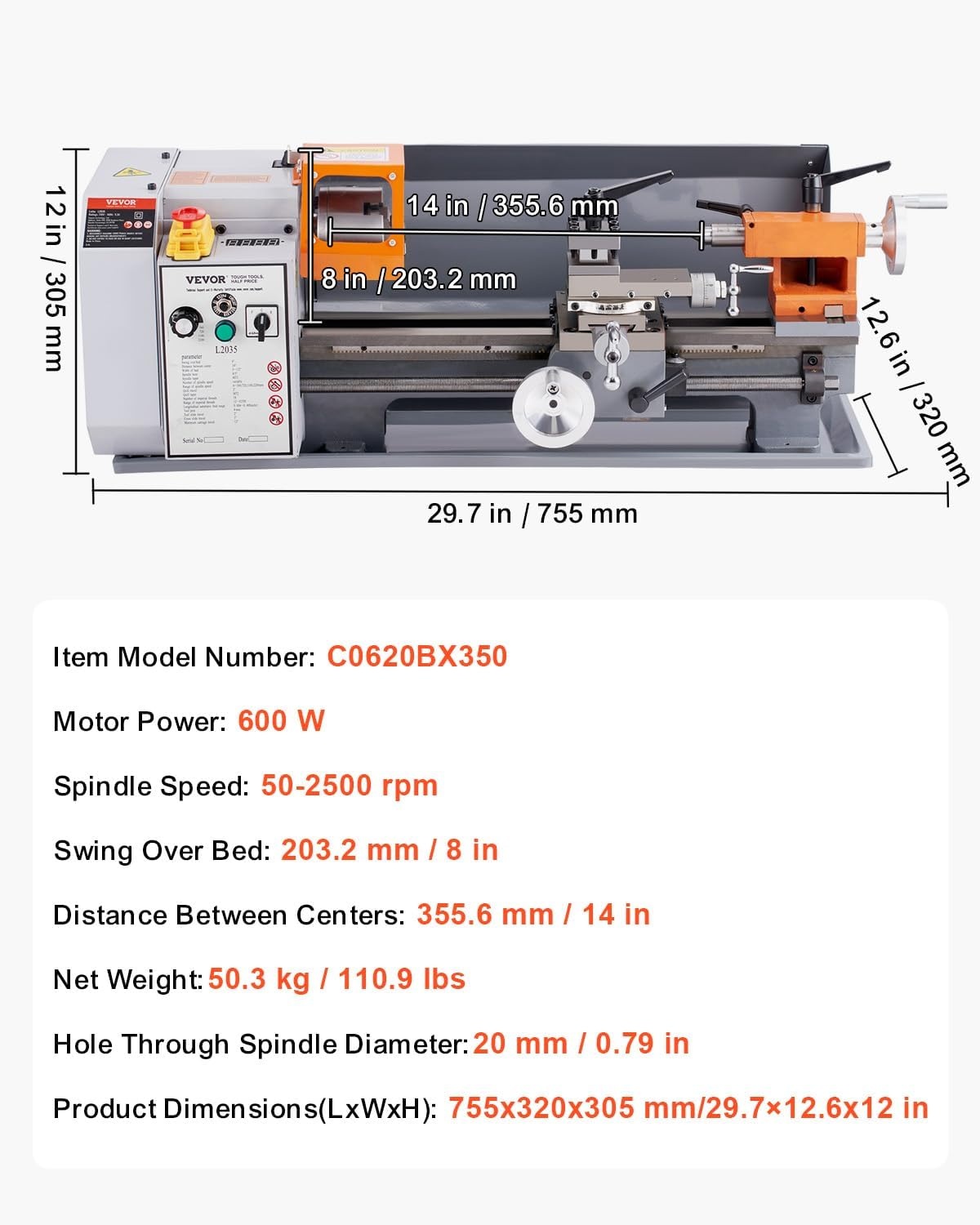 image:imageVEVOR Benchtop Metal Lathe 787 x 1378 in Precision Power Metal Lathe Machine with 502500 RPM Continuously Variable Speed Metal Gears 600W Brush Motor Tool Box for Processing Precision Parts