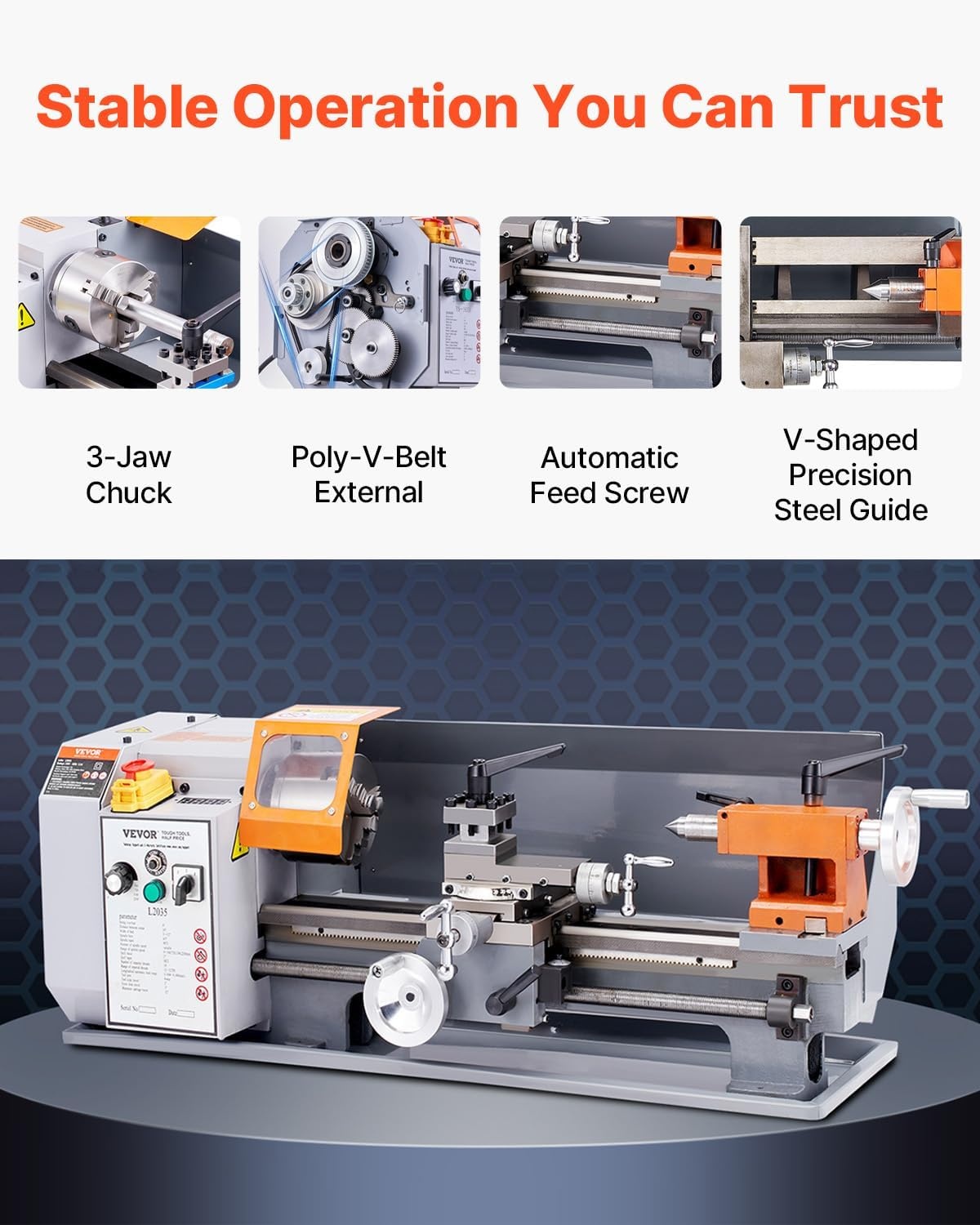 image:imageVEVOR Benchtop Metal Lathe 787 x 1378 in Precision Power Metal Lathe Machine with 502500 RPM Continuously Variable Speed Metal Gears 600W Brush Motor Tool Box for Processing Precision Parts