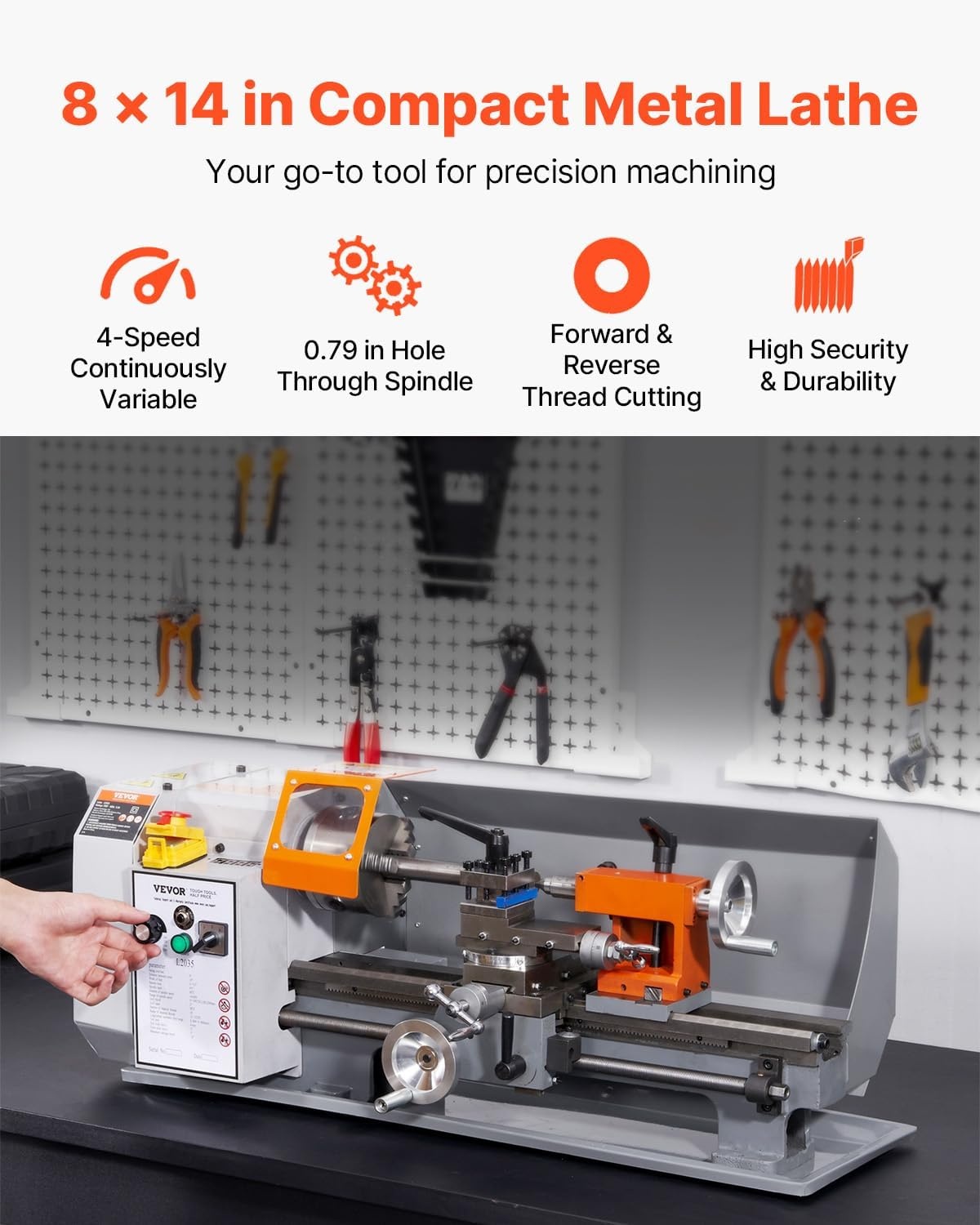 image:imageVEVOR Benchtop Metal Lathe 787 x 1378 in Precision Power Metal Lathe Machine with 502500 RPM Continuously Variable Speed Metal Gears 600W Brush Motor Tool Box for Processing Precision Parts