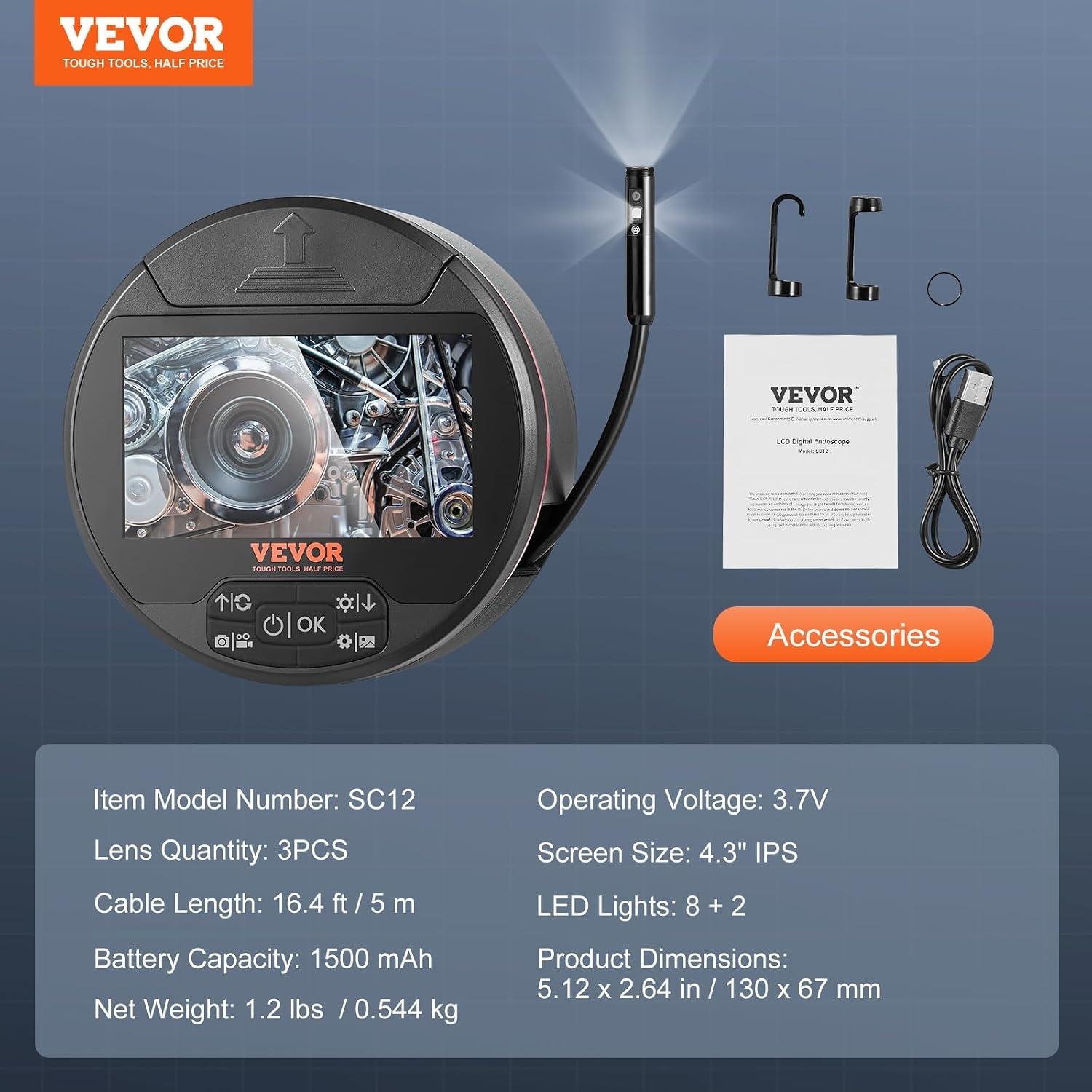 image:imageVEVOR Borescope Triple Lens Endoscope Camera with Light 43 IPS Screen Inspection Camera with 8 2 Lights IP67 Waterproof Snake Scope Cameras for Automotive Plumbing 164FT Cable 32GB Card