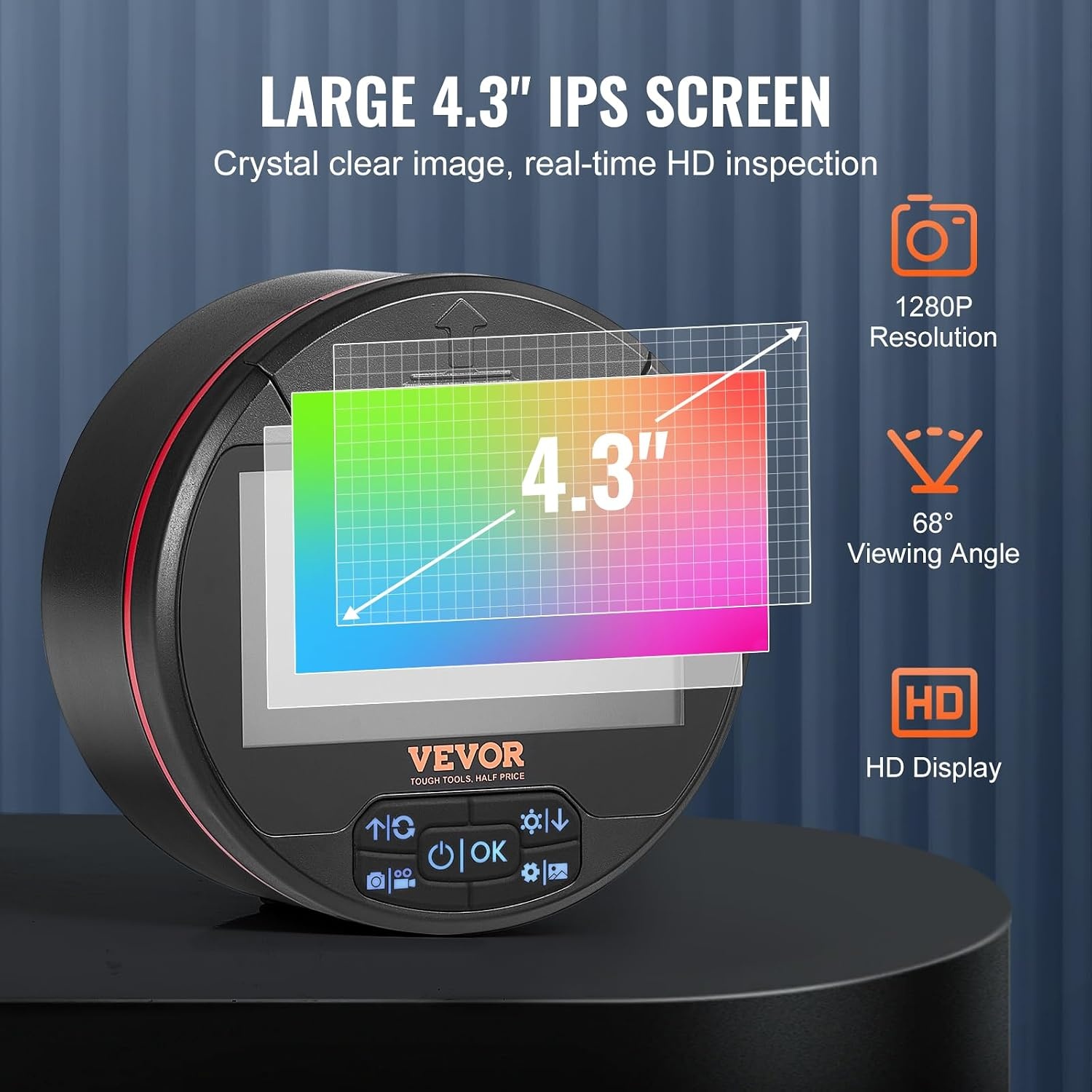 image:imageVEVOR Borescope Triple Lens Endoscope Camera with Light 43 IPS Screen Inspection Camera with 8 2 Lights IP67 Waterproof Snake Scope Cameras for Automotive Plumbing 164FT Cable 32GB Card
