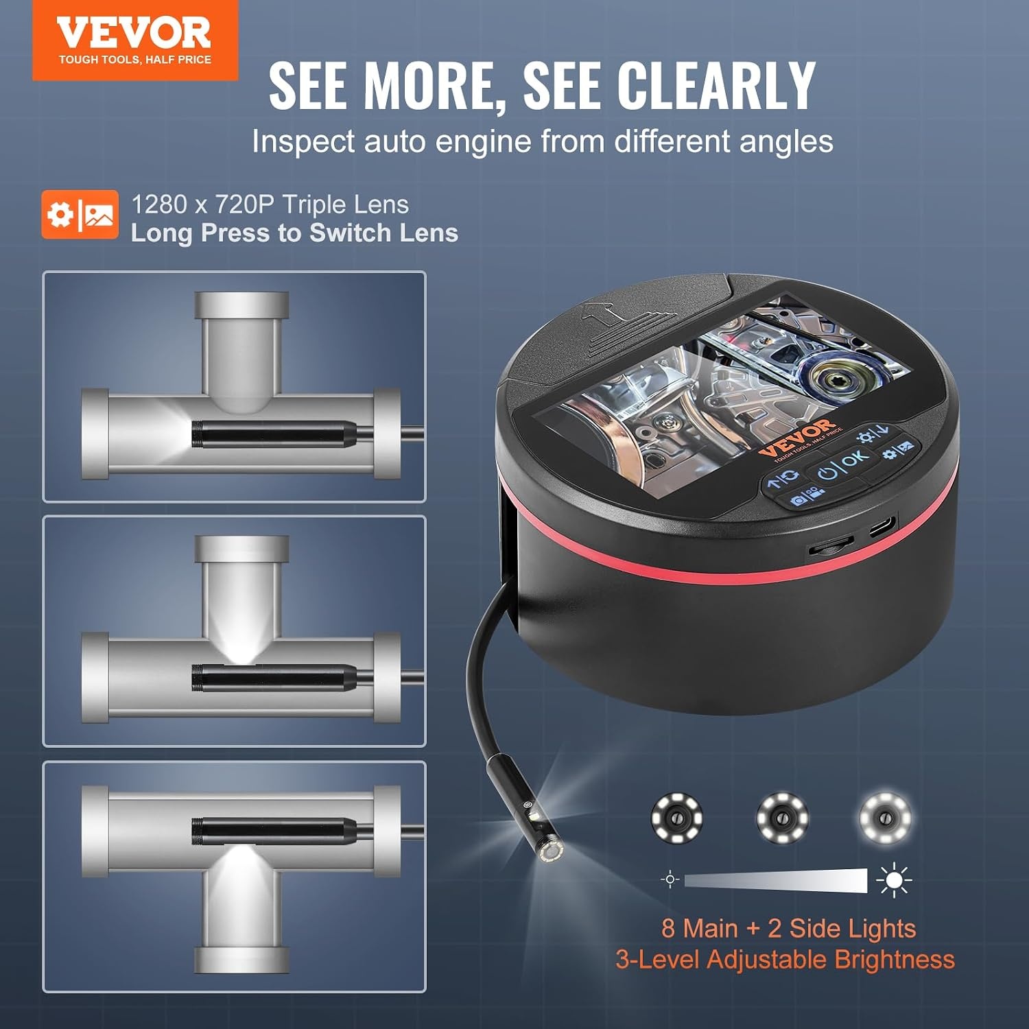 image:imageVEVOR Borescope Triple Lens Endoscope Camera with Light 43 IPS Screen Inspection Camera with 8 2 Lights IP67 Waterproof Snake Scope Cameras for Automotive Plumbing 164FT Cable 32GB Card
