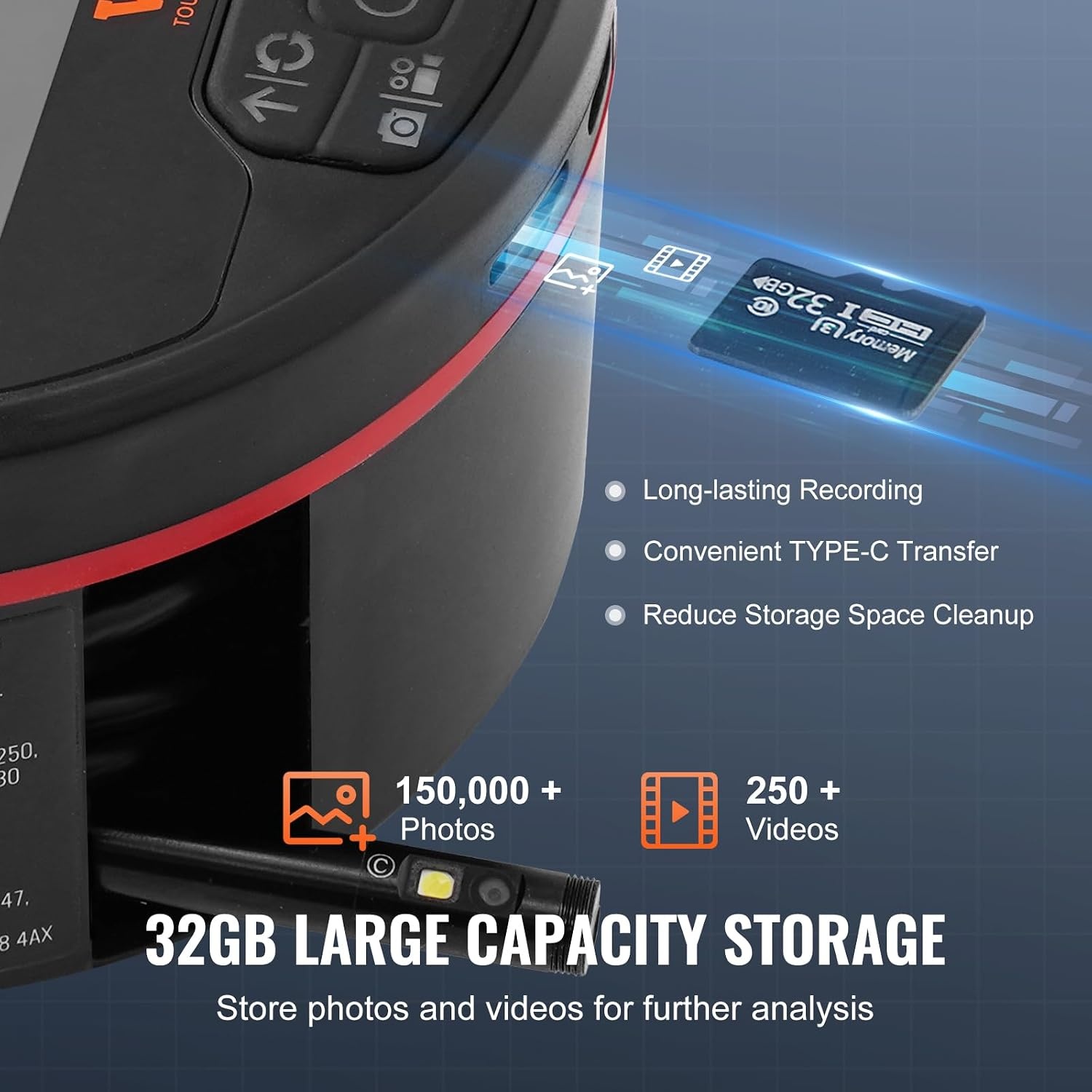 image:imageVEVOR Borescope Triple Lens Endoscope Camera with Light 43 IPS Screen Inspection Camera with 8 2 Lights IP67 Waterproof Snake Scope Cameras for Automotive Plumbing 164FT Cable 32GB Card