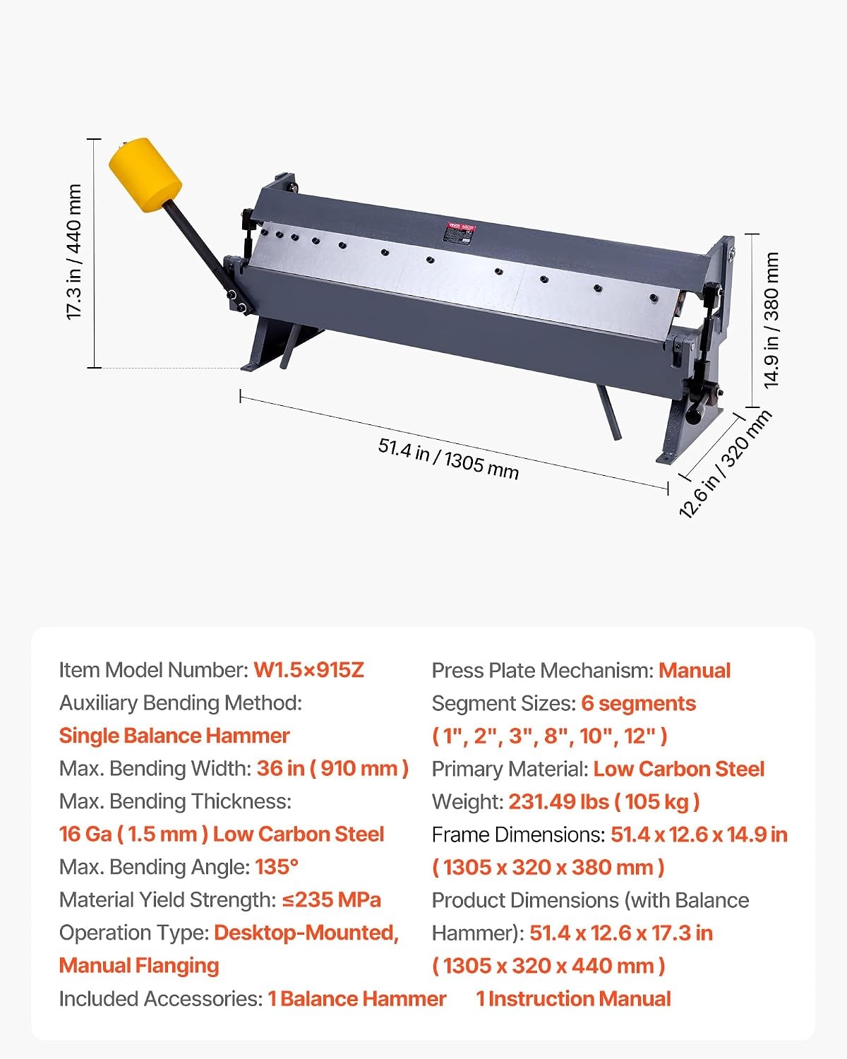 image:imageVEVOR Box and Pan Brake 48 in Sheet Metal Bending Brake16Gauge Mild Steel Capacity 0135 Degree Adjustable Metal Bender Machine with 16 Fingers HeavyDuty Aluminum Folder for Precise Bending36 inch