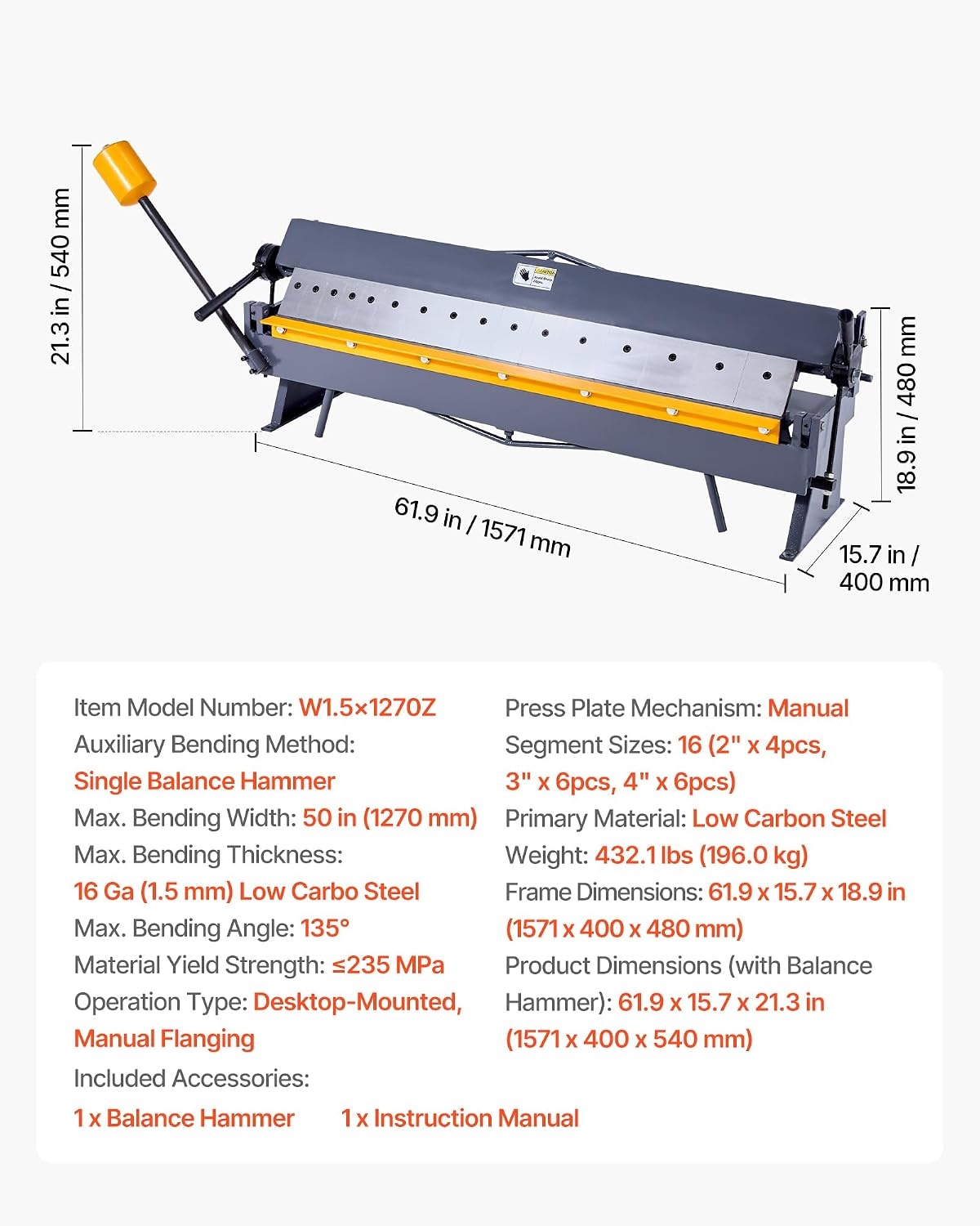 image:imageVEVOR Box and Pan Brake 48 in Sheet Metal Bending Brake16Gauge Mild Steel Capacity 0135 Degree Adjustable Metal Bender Machine with 16 Fingers HeavyDuty Aluminum Folder for Precise Bending50 inch