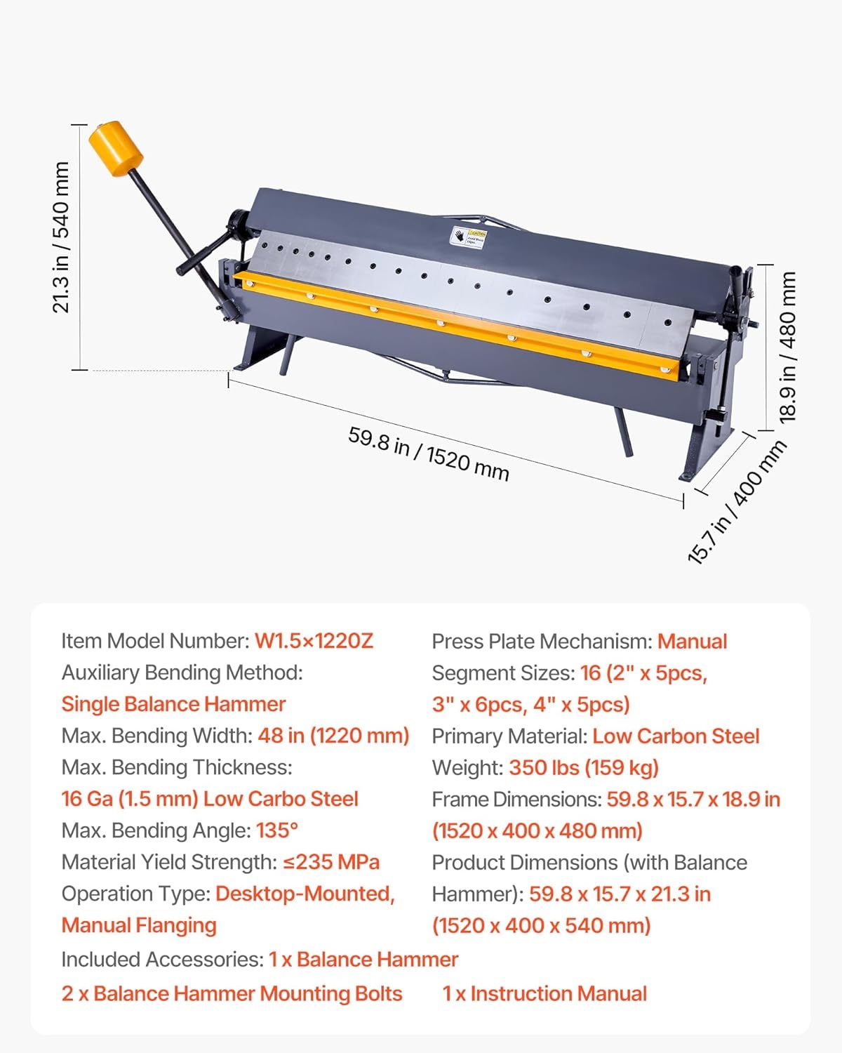 image:imageVEVOR Box and Pan Brake 48 in Sheet Metal Bending Brake16Gauge Mild Steel Capacity 0135 Degree Adjustable Metal Bender Machine with 16 Fingers HeavyDuty Aluminum Folder for Precise Bending48 inch