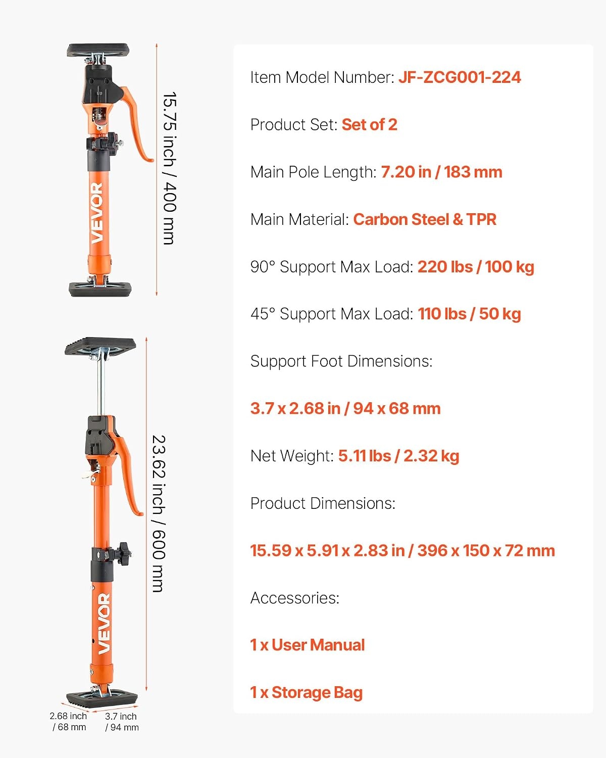 image:imageVEVOR Cabinet Jack Support Pole 2Pack 208453 Inch Steel Telescopic Quick Support Rod Adjustable 3rd Hand System up to 154 lbs Capacity for Installing Cabinets Lifting Drywall Cargo Bars1575236 2PC