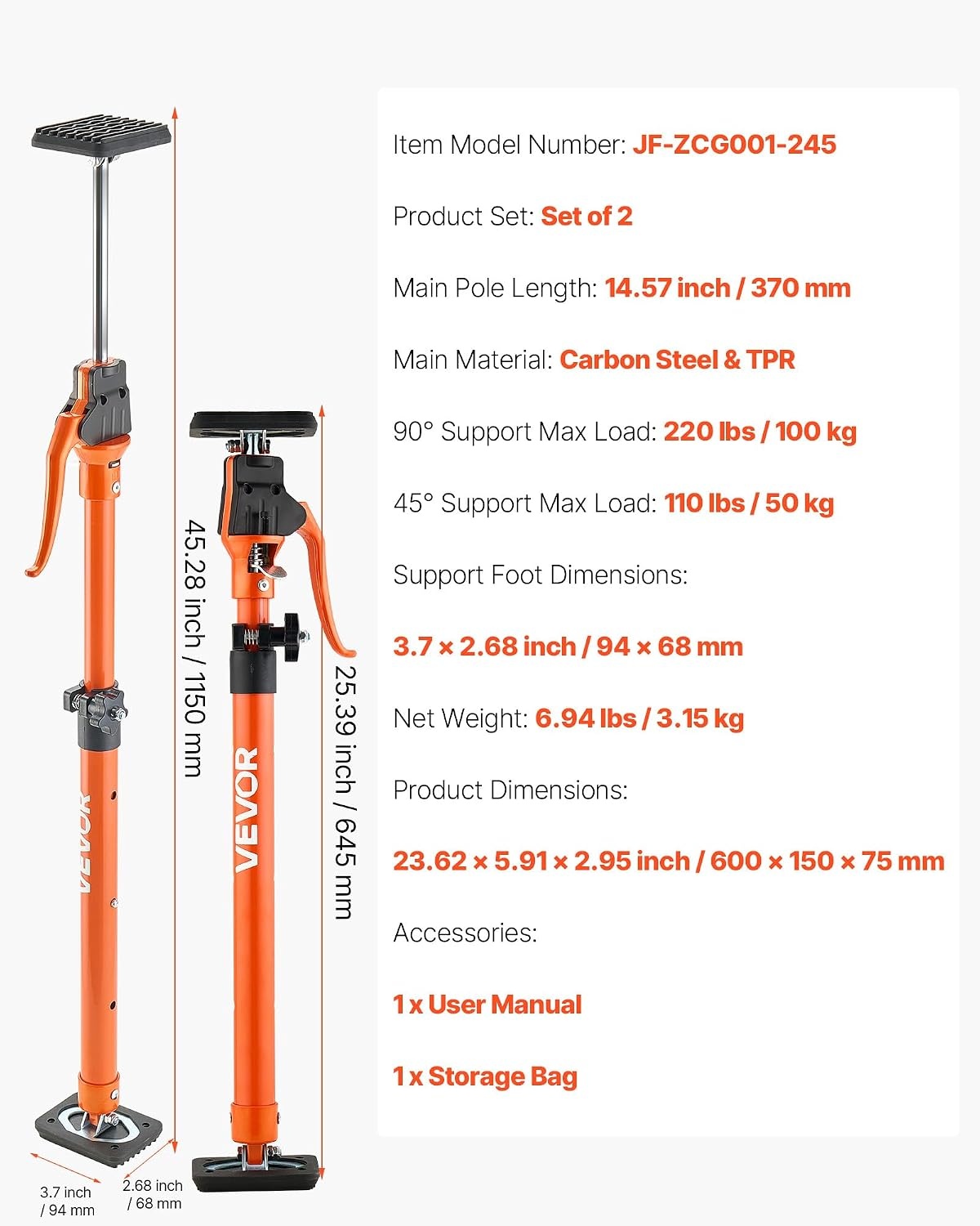 image:imageVEVOR Cabinet Jack Support Pole 2Pack 208453 Inch Steel Telescopic Quick Support Rod Adjustable 3rd Hand System up to 154 lbs Capacity for Installing Cabinets Lifting Drywall Cargo Bars254453 2PC