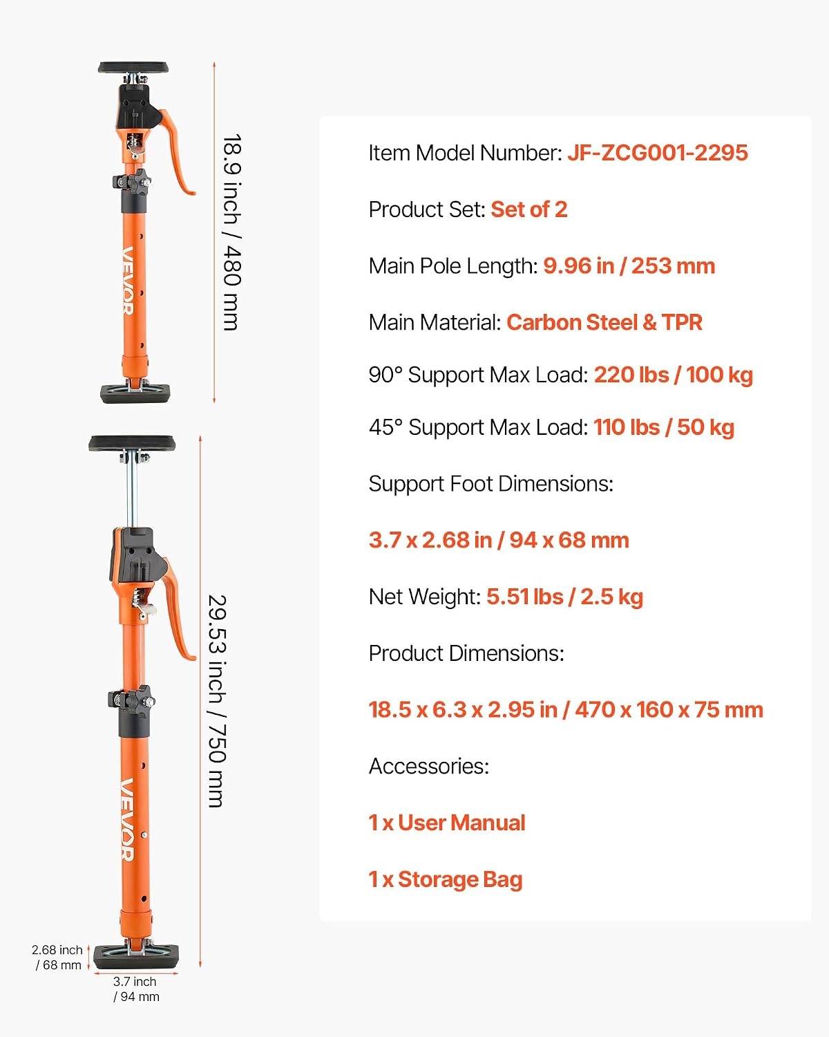 image:imageVEVOR Cabinet Jack Support Pole 2Pack 208453 Inch Steel Telescopic Quick Support Rod Adjustable 3rd Hand System up to 154 lbs Capacity for Installing Cabinets Lifting Drywall Cargo Bars189295 2PC