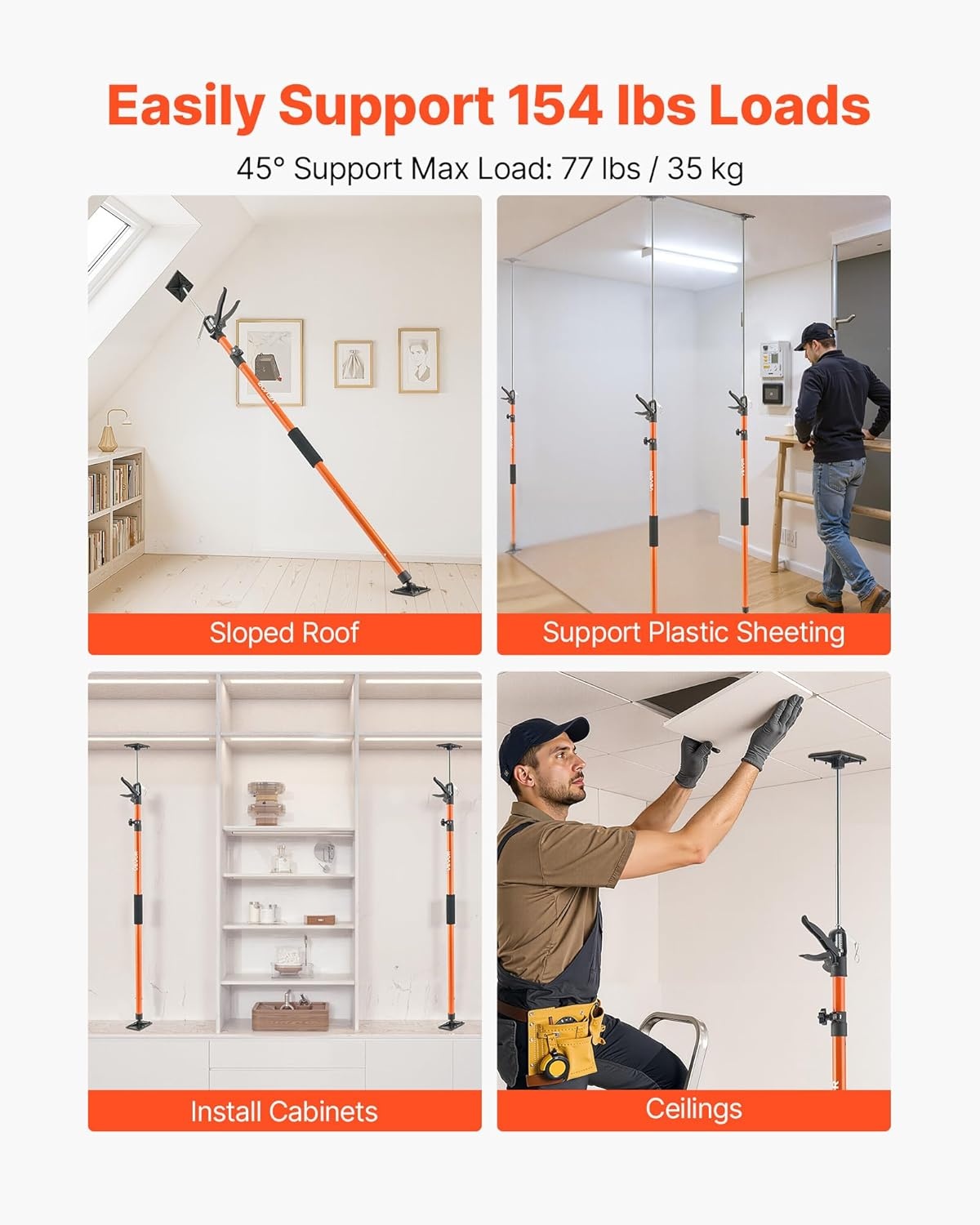 image:imageVEVOR Cabinet Jack Support Pole 2Pack 4571142 Inch Steel Telescopic Quick Support Rod Adjustable 3rd Hand System up to 154 lbs Capacity for Installing Cabinets Lifting Drywall Cargo Bars4 PCS