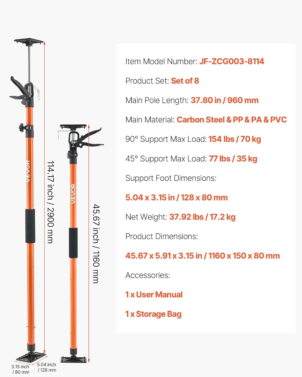 image:imageVEVOR Cabinet Jack Support Pole 2Pack 4571142 Inch Steel Telescopic Quick Support Rod Adjustable 3rd Hand System up to 154 lbs Capacity for Installing Cabinets Lifting Drywall Cargo Bars8 PCS