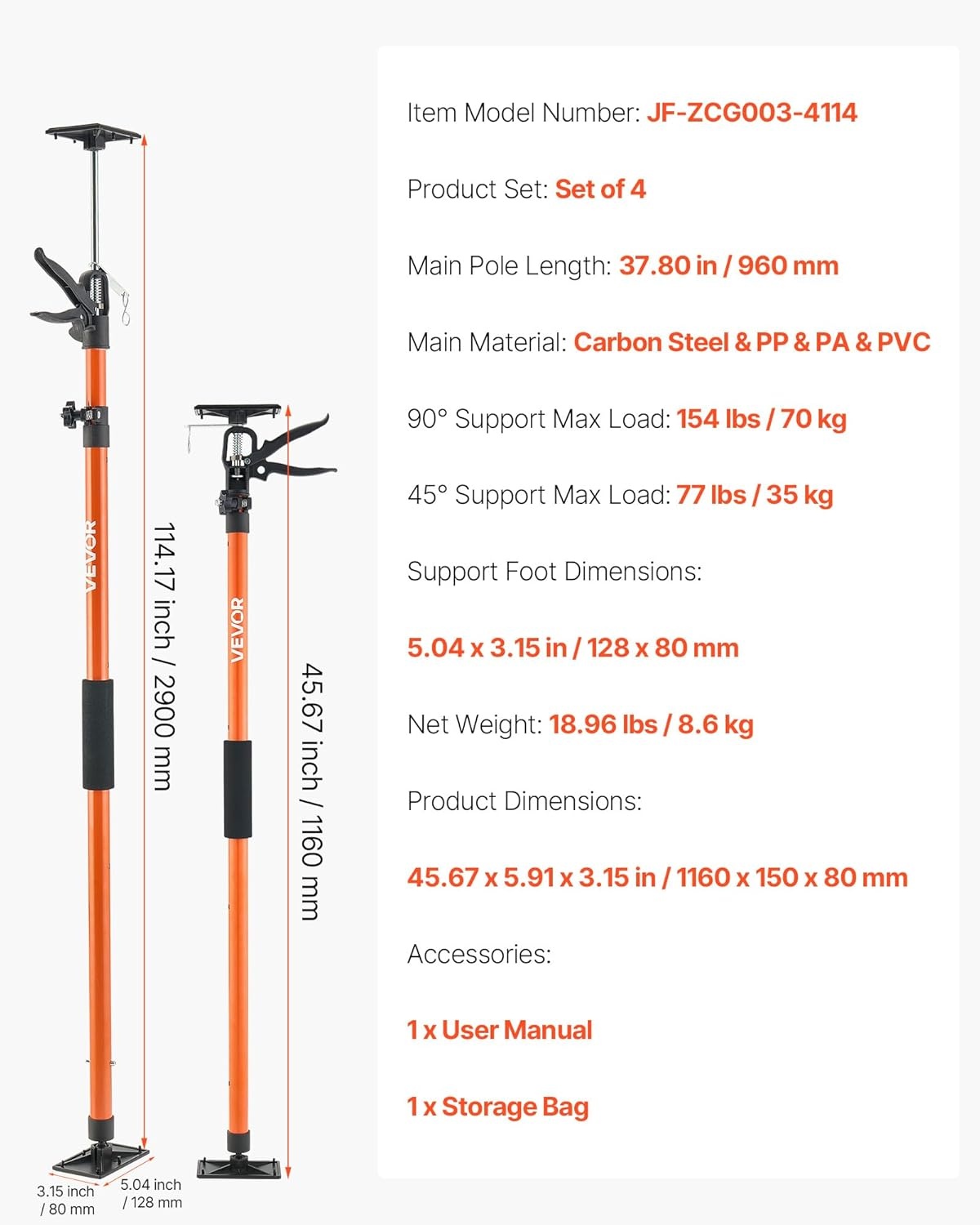 image:imageVEVOR Cabinet Jack Support Pole 2Pack 4571142 Inch Steel Telescopic Quick Support Rod Adjustable 3rd Hand System up to 154 lbs Capacity for Installing Cabinets Lifting Drywall Cargo Bars4 PCS