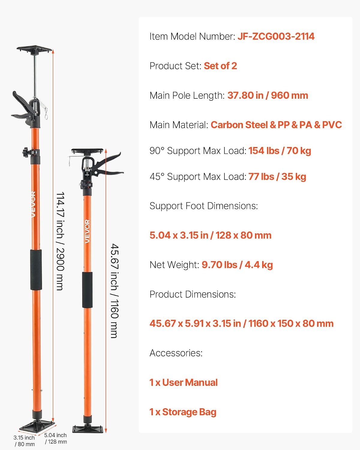 image:imageVEVOR Cabinet Jack Support Pole 2Pack 4571142 Inch Steel Telescopic Quick Support Rod Adjustable 3rd Hand System up to 154 lbs Capacity for Installing Cabinets Lifting Drywall Cargo Bars2 PCS