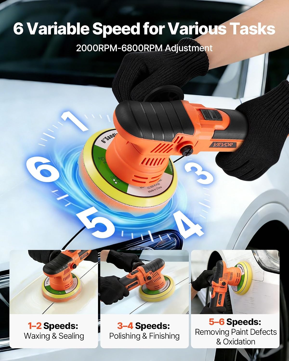 image:imageVEVOR Car Buffer Polisher 6Inch Dual Action Polisher Buffer Waxer 650W 6 Variable Speeds 20006800RPM Random Orbital Polisher Kit for Cars Detailing Waxing Polishing6