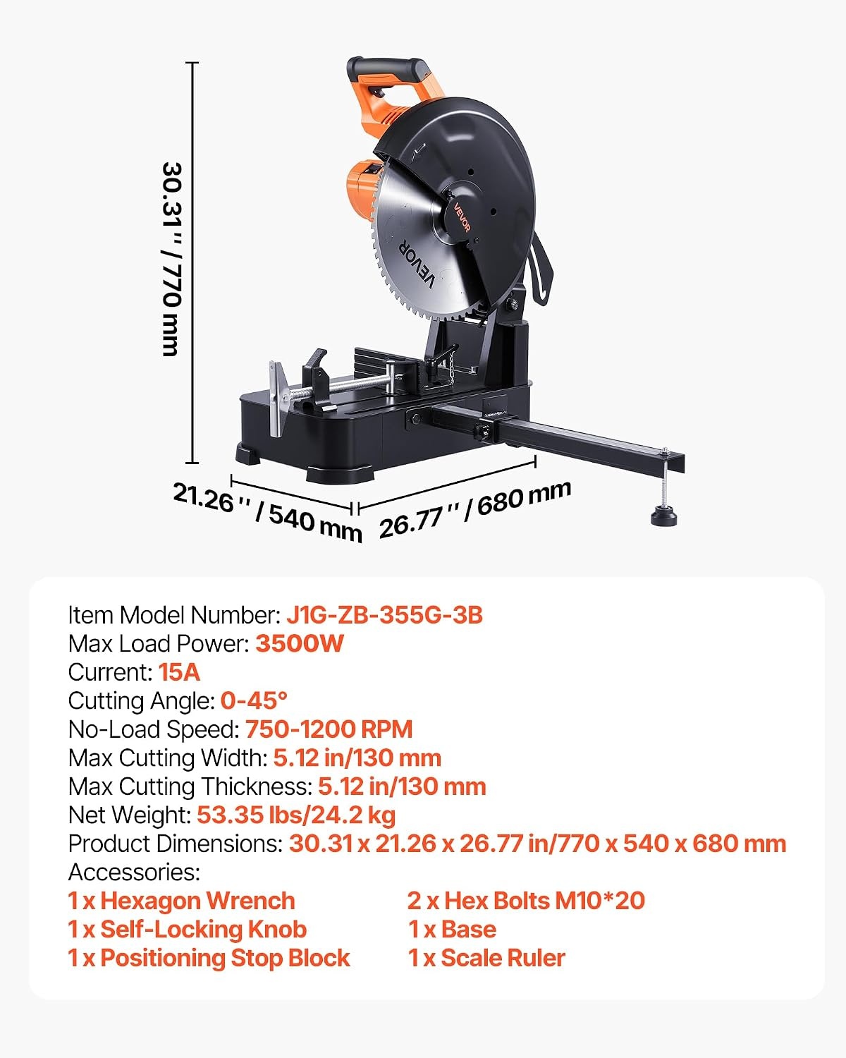image:imageVEVOR Chop Saw 14inch Stainless Steel Cold Cut Blade 3500 W Powerful Brushless Motor 7501200 rmin Adjustable Speed Metal Cutting Chop Saw for Metal Square and Flat Tubes Steels 240V60HZ14 3500W