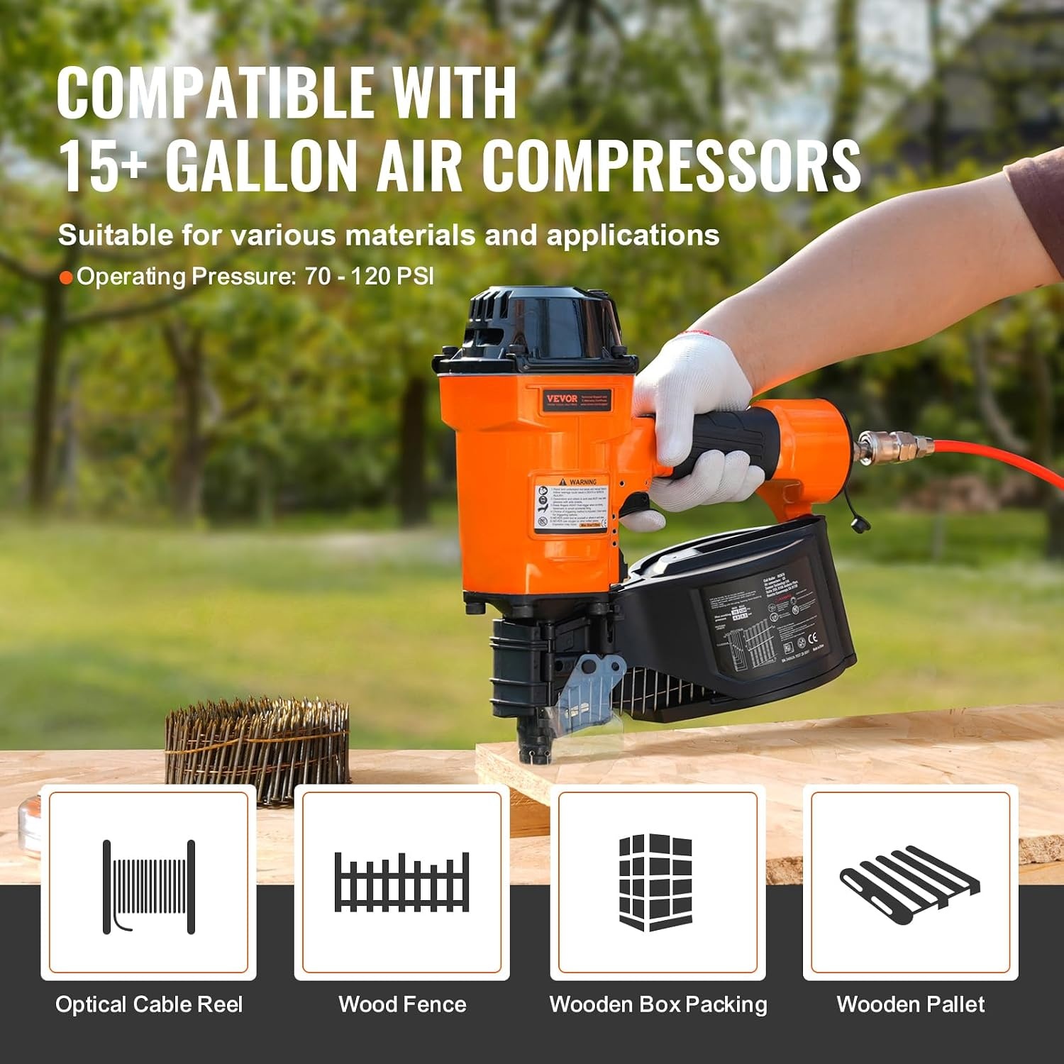 image:imageVEVOR Coil SidingFraming Nailer CN83N 2 to 314 15 Degree Pneumatic Siding Nail Gun with ToolLess Depth Adjustment 70120PSI Air Coil Nailer for Siding Sheathing Wooding Fencing DeckingMCN70134 to 234