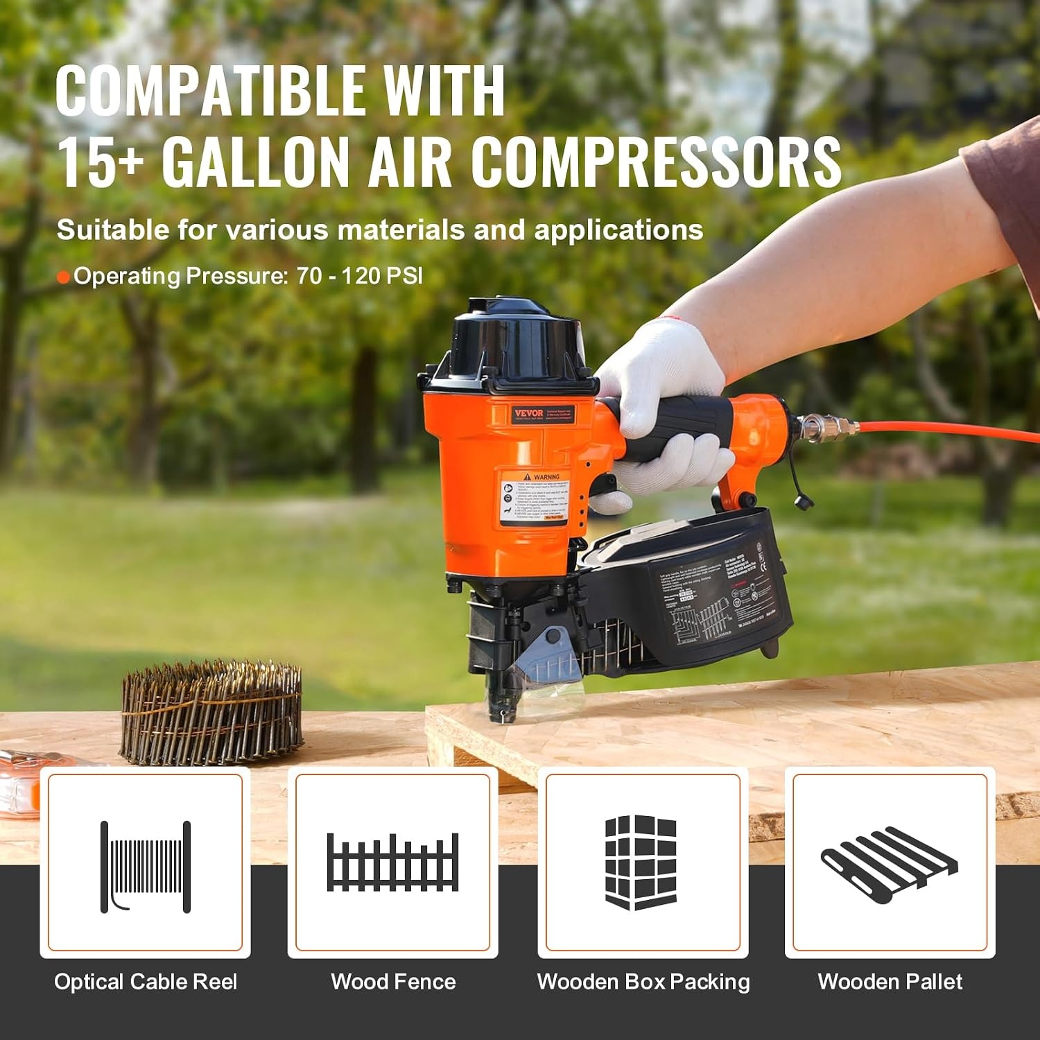 image:imageVEVOR Coil SidingFraming Nailer CN83N 2 to 314 15 Degree Pneumatic Siding Nail Gun with ToolLess Depth Adjustment 70120PSI Air Coil Nailer for Siding Sheathing Wooding Fencing DeckingMCN551 to 214