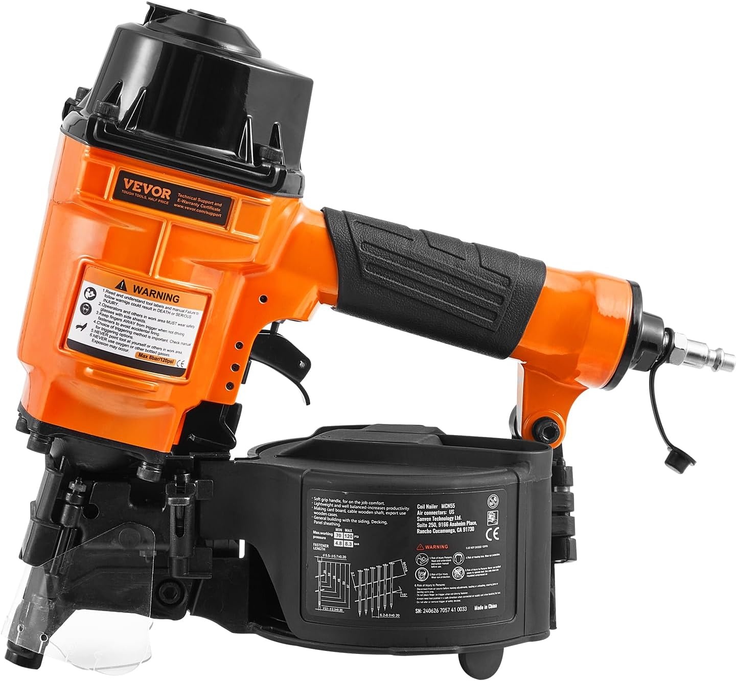 image:imageVEVOR Coil SidingFraming Nailer CN83N 2 to 314 15 Degree Pneumatic Siding Nail Gun with ToolLess Depth Adjustment 70120PSI Air Coil Nailer for Siding Sheathing Wooding Fencing DeckingMCN551 to 214