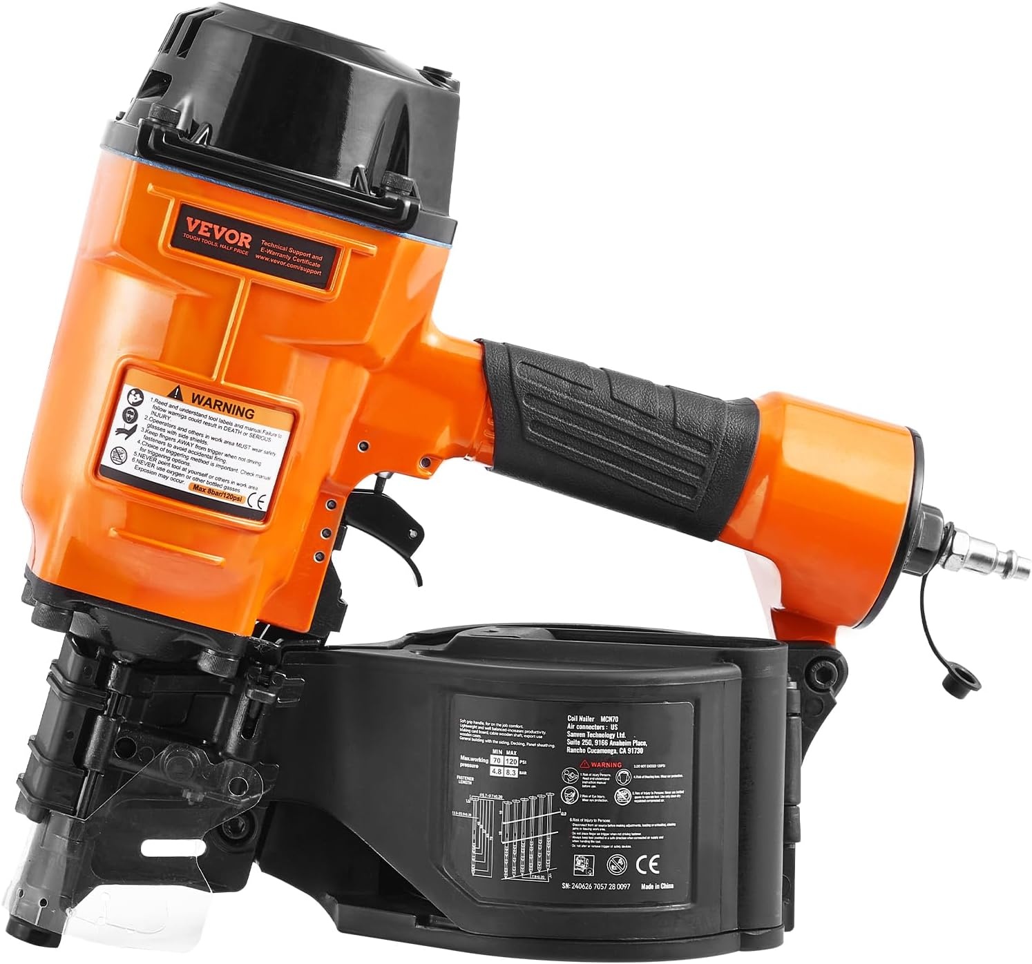 image:imageVEVOR Coil SidingFraming Nailer CN83N 2 to 314 15 Degree Pneumatic Siding Nail Gun with ToolLess Depth Adjustment 70120PSI Air Coil Nailer for Siding Sheathing Wooding Fencing DeckingMCN70134 to 234