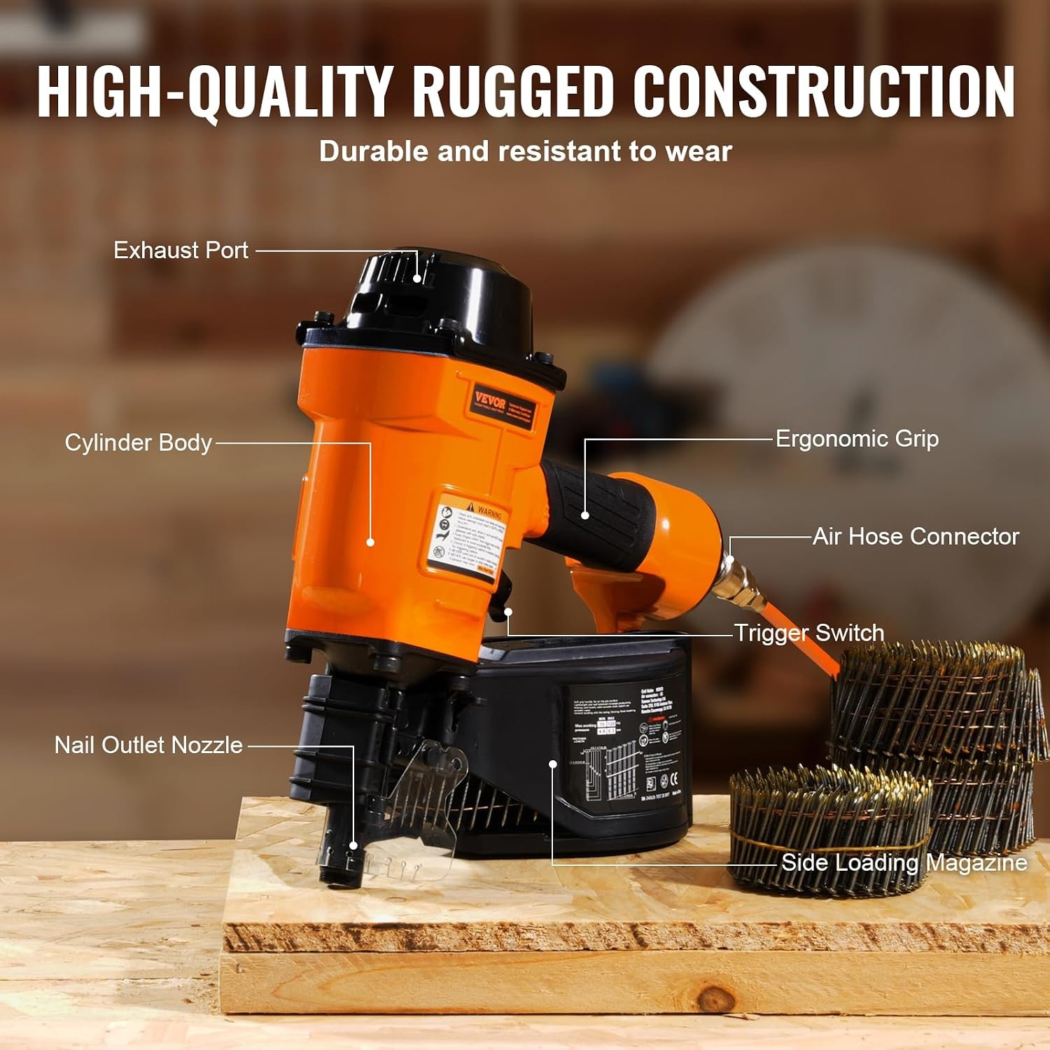 image:imageVEVOR Coil SidingFraming Nailer CN83N 2 to 314 15 Degree Pneumatic Siding Nail Gun with ToolLess Depth Adjustment 70120PSI Air Coil Nailer for Siding Sheathing Wooding Fencing DeckingMCN70134 to 234