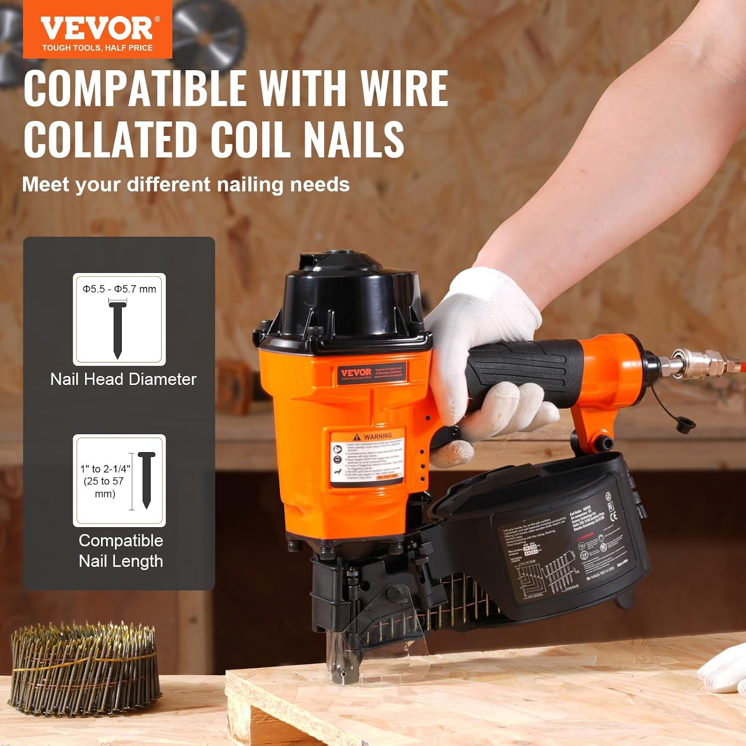 image:imageVEVOR Coil SidingFraming Nailer CN83N 2 to 314 15 Degree Pneumatic Siding Nail Gun with ToolLess Depth Adjustment 70120PSI Air Coil Nailer for Siding Sheathing Wooding Fencing DeckingMCN551 to 214