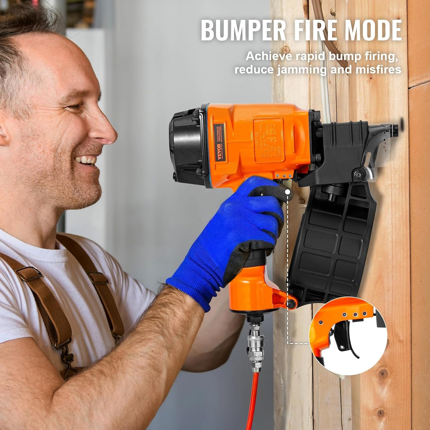 image:imageVEVOR Coil SidingFraming Nailer CN83N 2 to 314 15 Degree Pneumatic Siding Nail Gun with ToolLess Depth Adjustment 70120PSI Air Coil Nailer for Siding Sheathing Wooding Fencing DeckingMCN70134 to 234