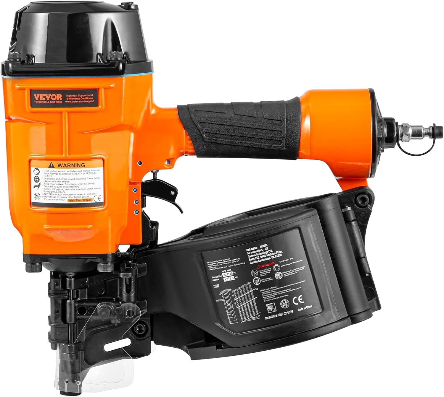 image:imageVEVOR Coil SidingFraming Nailer CN83N 2 to 314 15 Degree Pneumatic Siding Nail Gun with ToolLess Depth Adjustment 70120PSI Air Coil Nailer for Siding Sheathing Wooding Fencing DeckingMCN70134 to 234