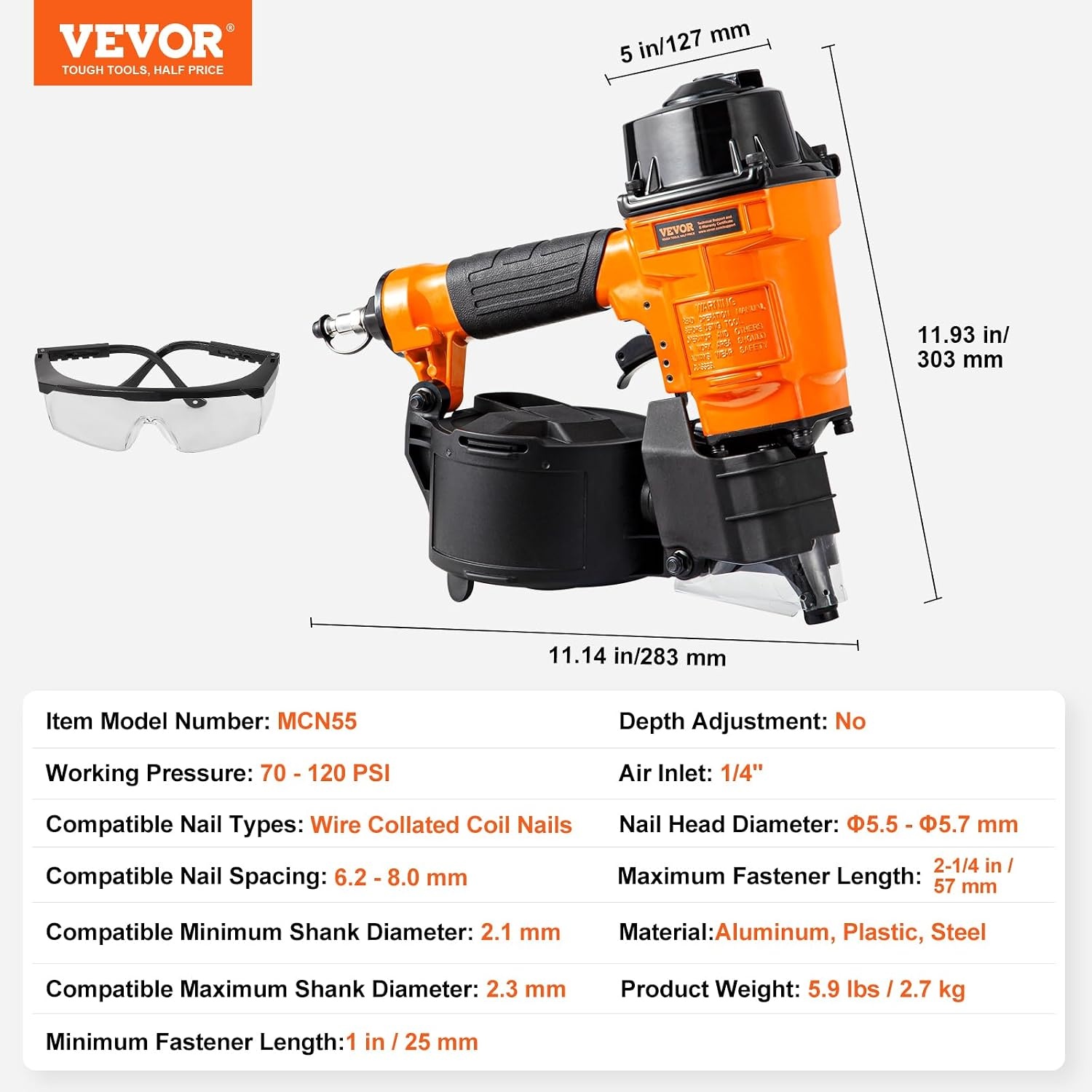 image:imageVEVOR Coil SidingFraming Nailer CN83N 2 to 314 15 Degree Pneumatic Siding Nail Gun with ToolLess Depth Adjustment 70120PSI Air Coil Nailer for Siding Sheathing Wooding Fencing DeckingMCN551 to 214
