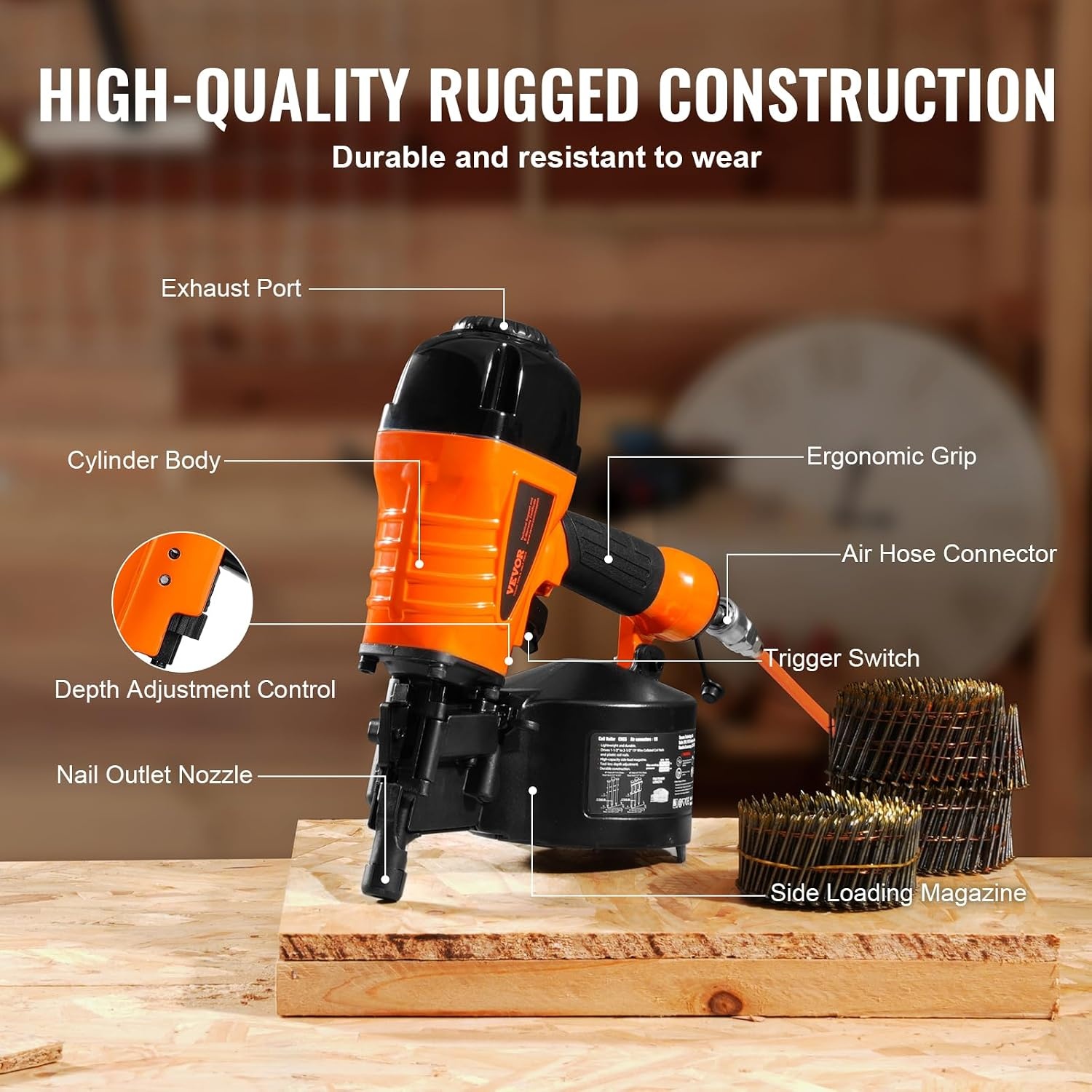 image:imageVEVOR Coil SidingFraming Nailer CN83N 2 to 314 15 Degree Pneumatic Siding Nail Gun with ToolLess Depth Adjustment 70120PSI Air Coil Nailer for Siding Sheathing Wooding Fencing DeckingCN65114 to 212
